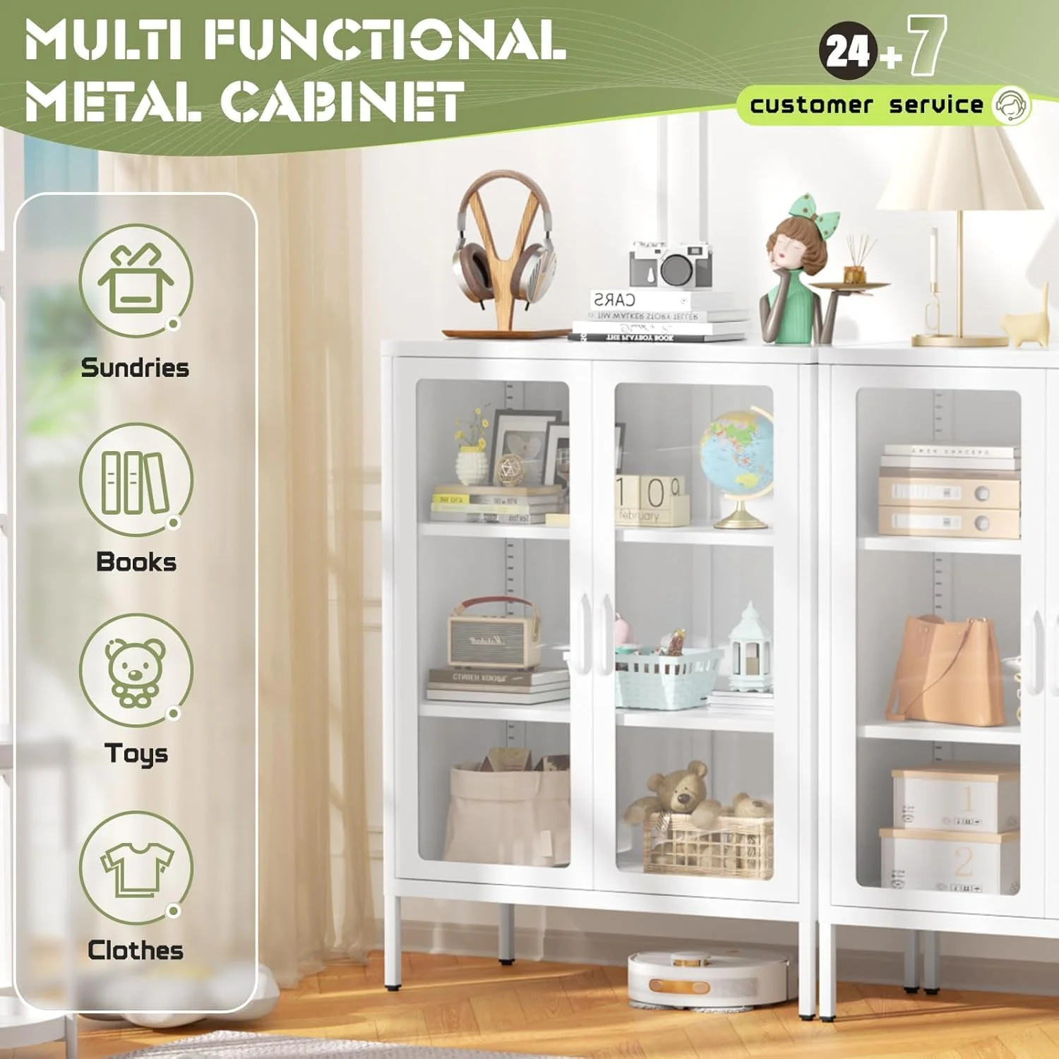 SUNCROWN Metal Storage Cabinet, Curio Display Cabinet with 2 Glass Display Door and 4 Shelves, Side Storage Organize, Modern Bookshelf Cabinet for livingroom, Bedroom, Kitchen, Black - Image 54