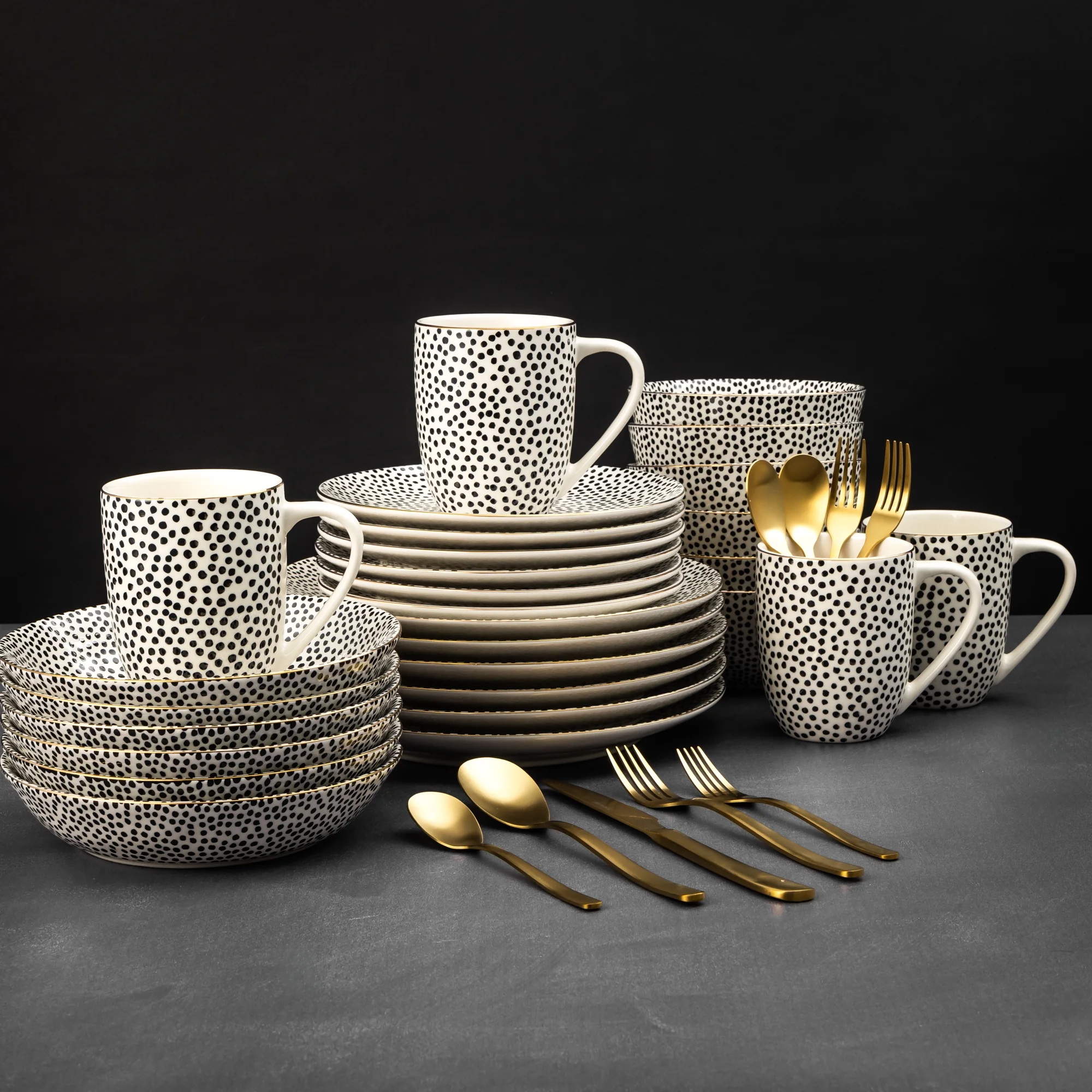 Thyme & Table 60-Piece Dot Dinnerware & Gold Flatware Set, Service for 6