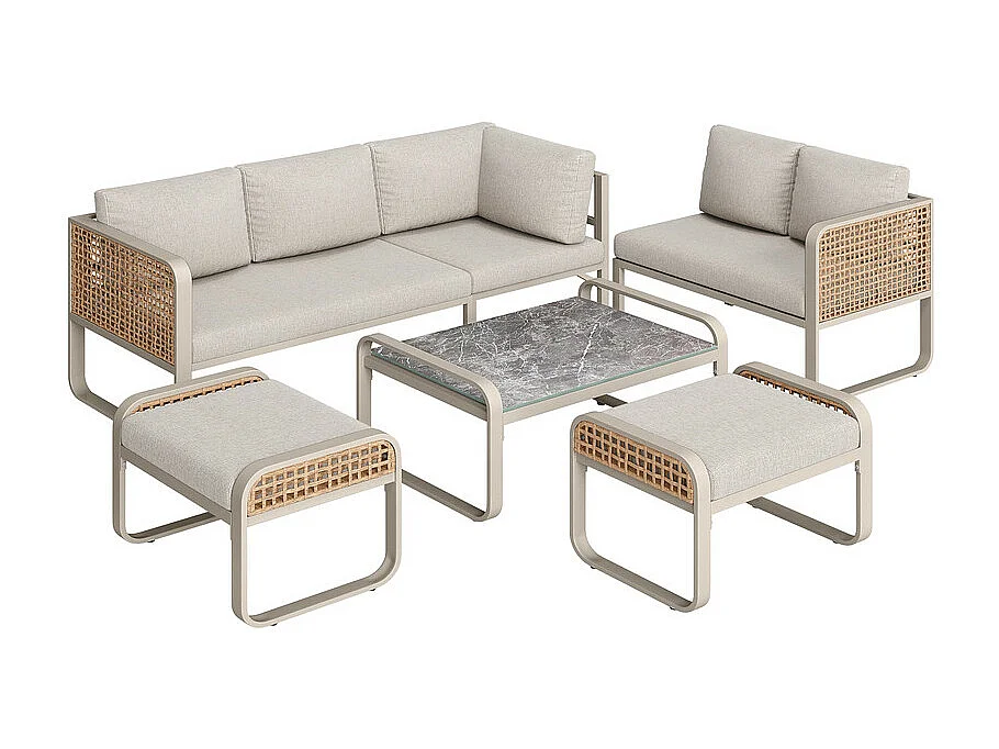 Salon de jardin en metal 6 à 7 personnes : canapé d'angle + table basse + 2 tabourets, pieds réglables, Beige