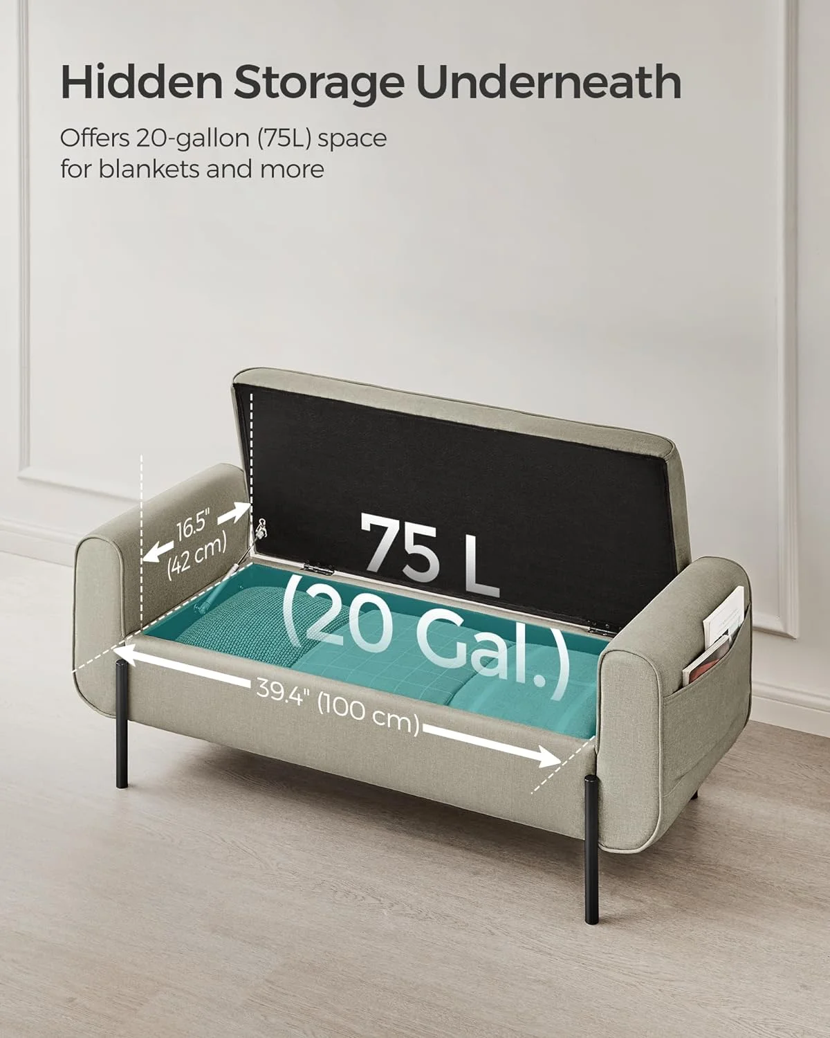 SONGMICS 46.5" Storage Ottoman Bench Storage Bench Bedroom Bench 330lb Load Capacity Solid Wood Legs Light Gray - Image 35