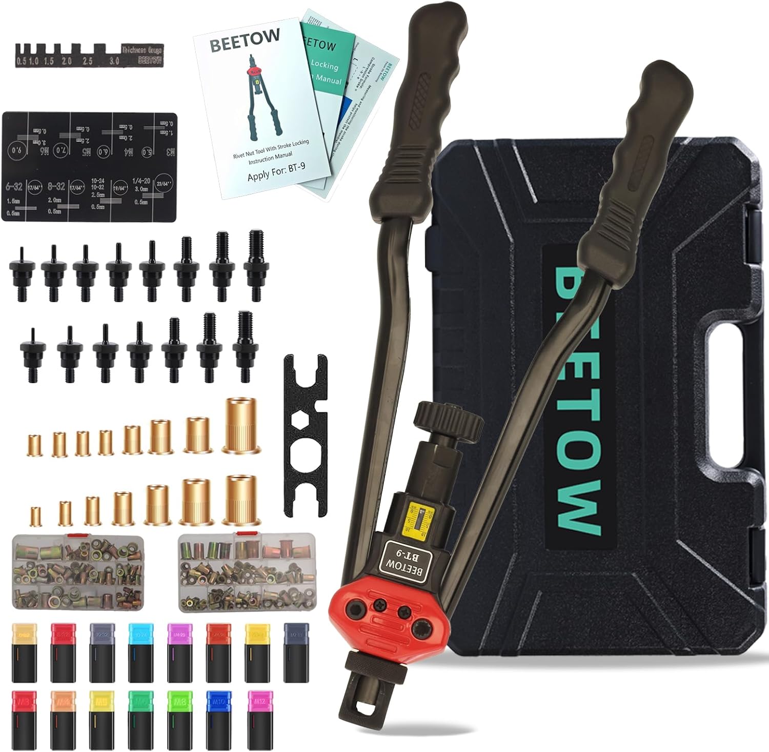 BEETOW Professional Rivet Nut Tool Kit – 16'' Rivnut Gun with 15 SAE & Metric Mandrels (M3–M12, #6, #8, #10, 1/4