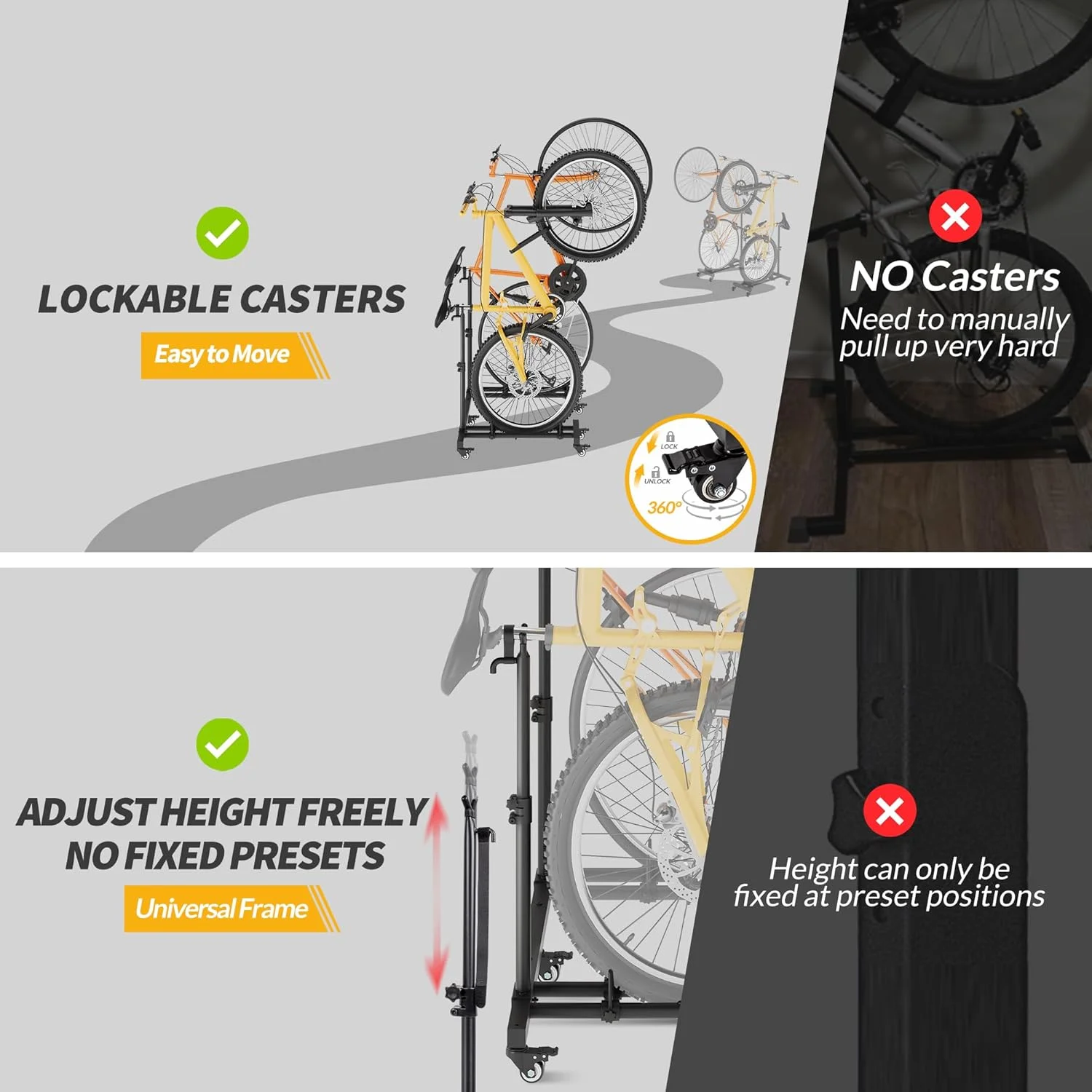 Vertical Bike Stands (2 Pack)��Standing Bike Rack for Garage Floor��Upright Bicycle Floor Stand Indoor Bike Holder with Adjustable Height for Garage & Apartment - for Wheels Sizes up to 29�� - Image 4