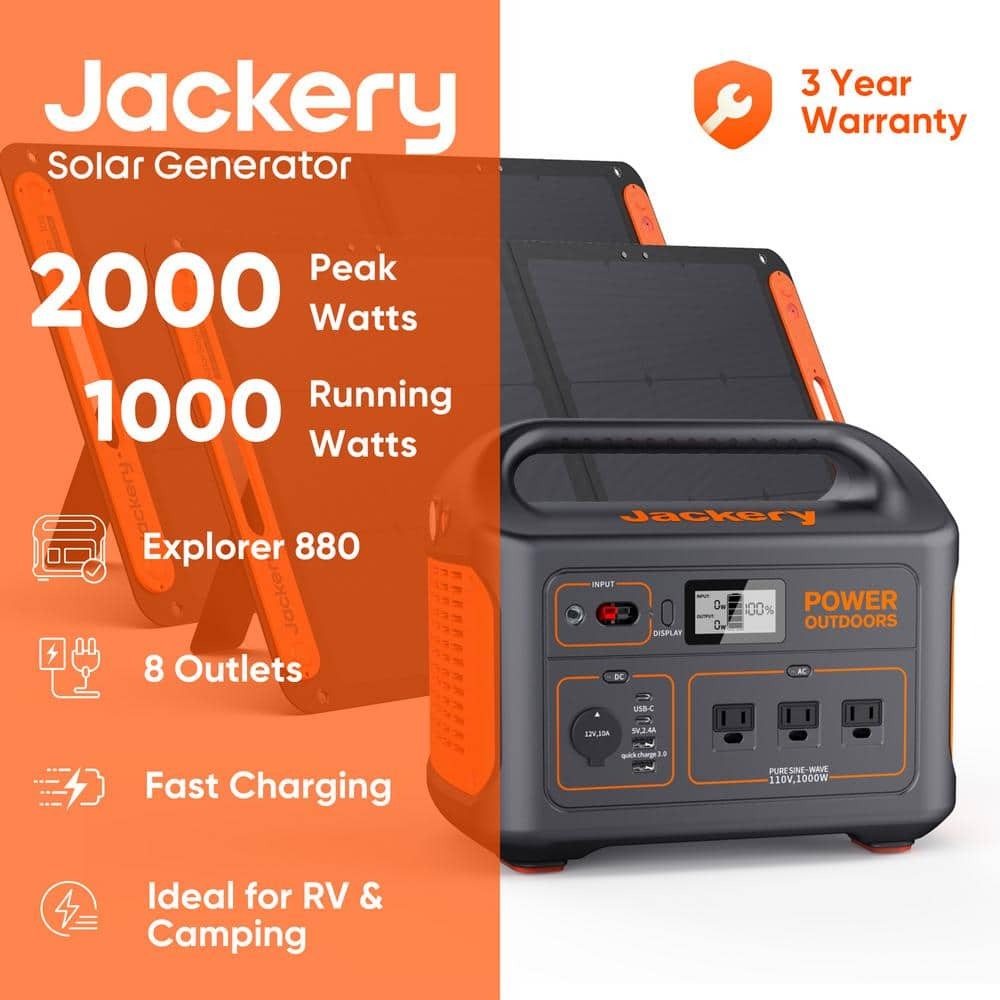 Jackery - 1000W Output/2000W Peak Portable Power Station Explorer 880-Push Start Solar Generator w/ 2-Solar Panels for Outdoors