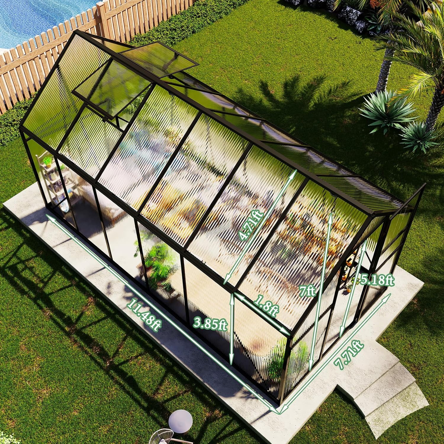 Jocisland 8x8x7 FT Polycarbonate Walk-In Greenhouse with Aluminum Frame, 2 Top-Opening Windows & 2 Swing Doors, Heavy Duty for Outdoor Garden Use, Black - Image 14