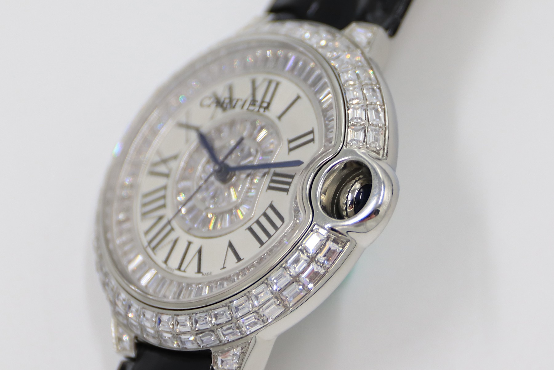 Cartier Blue Balloon Square Diamonds Full Sky Watch-Roman Numerals-White-Leather-42mm(1:1 replica) - Top club