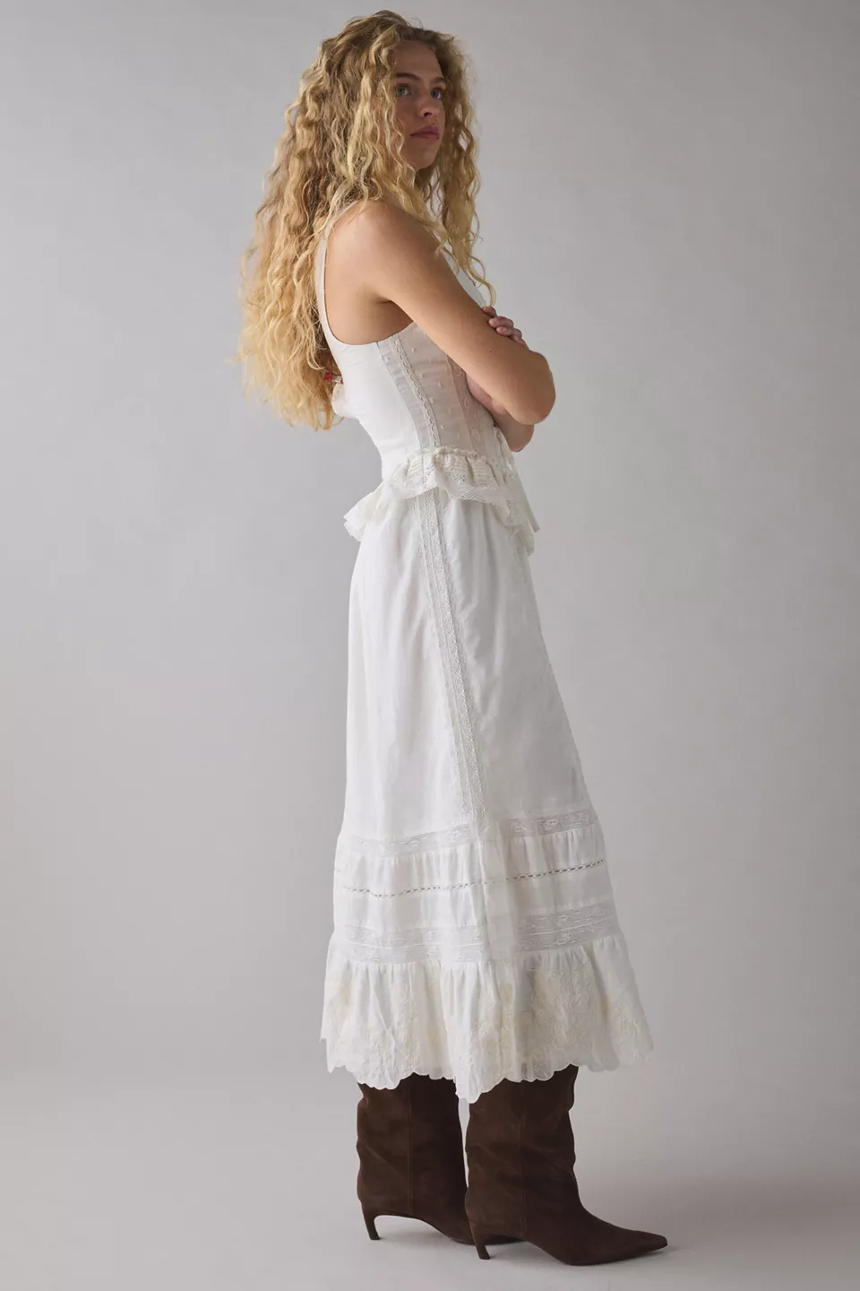 UO Perfectly Victorian Lace Trim Corset Midi Dress