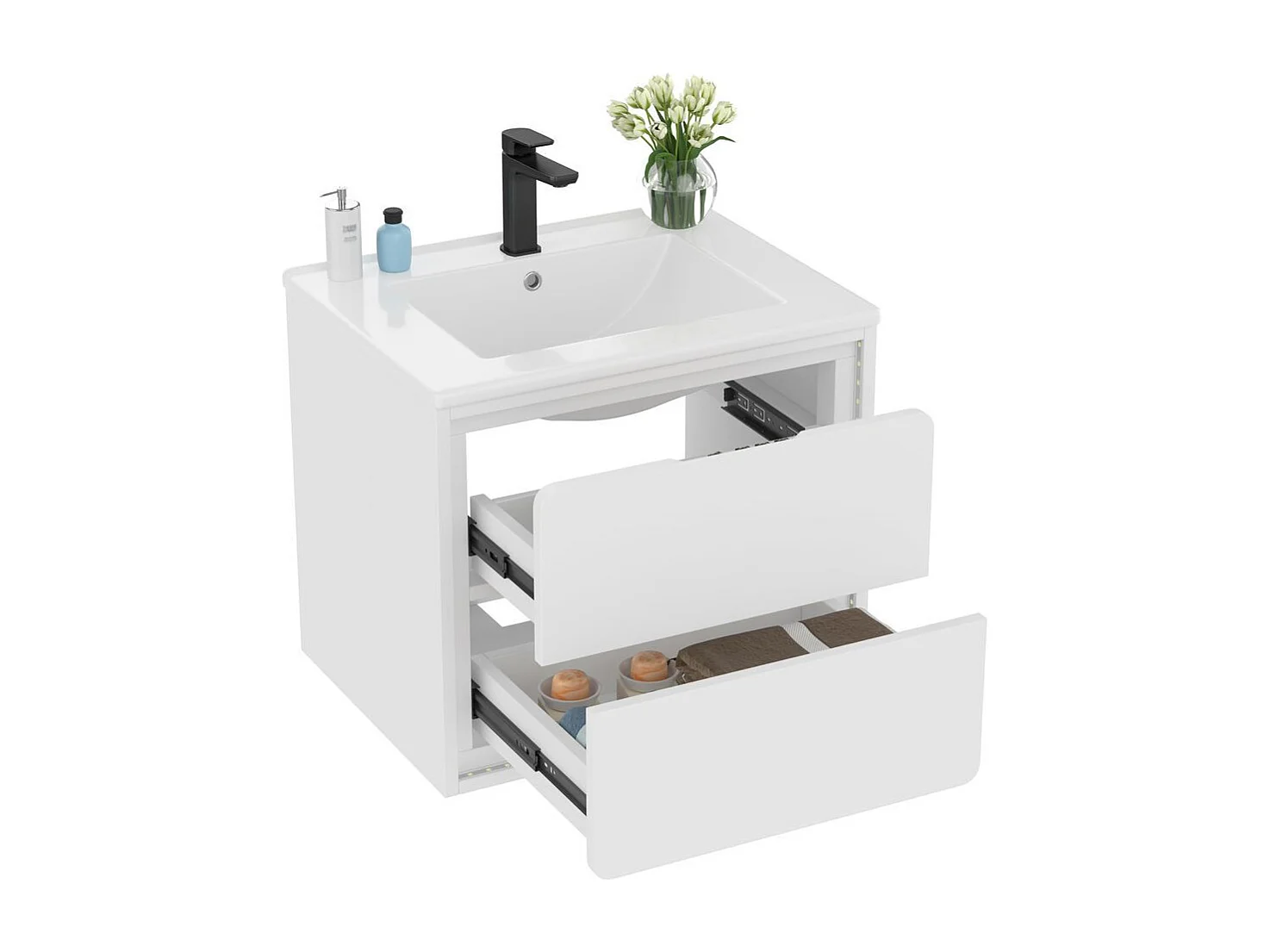 Armoire salle de bain suspendue laquee eclairage LED detection radar deux tiroirs glissieres silencieuses lavabo integre blanc