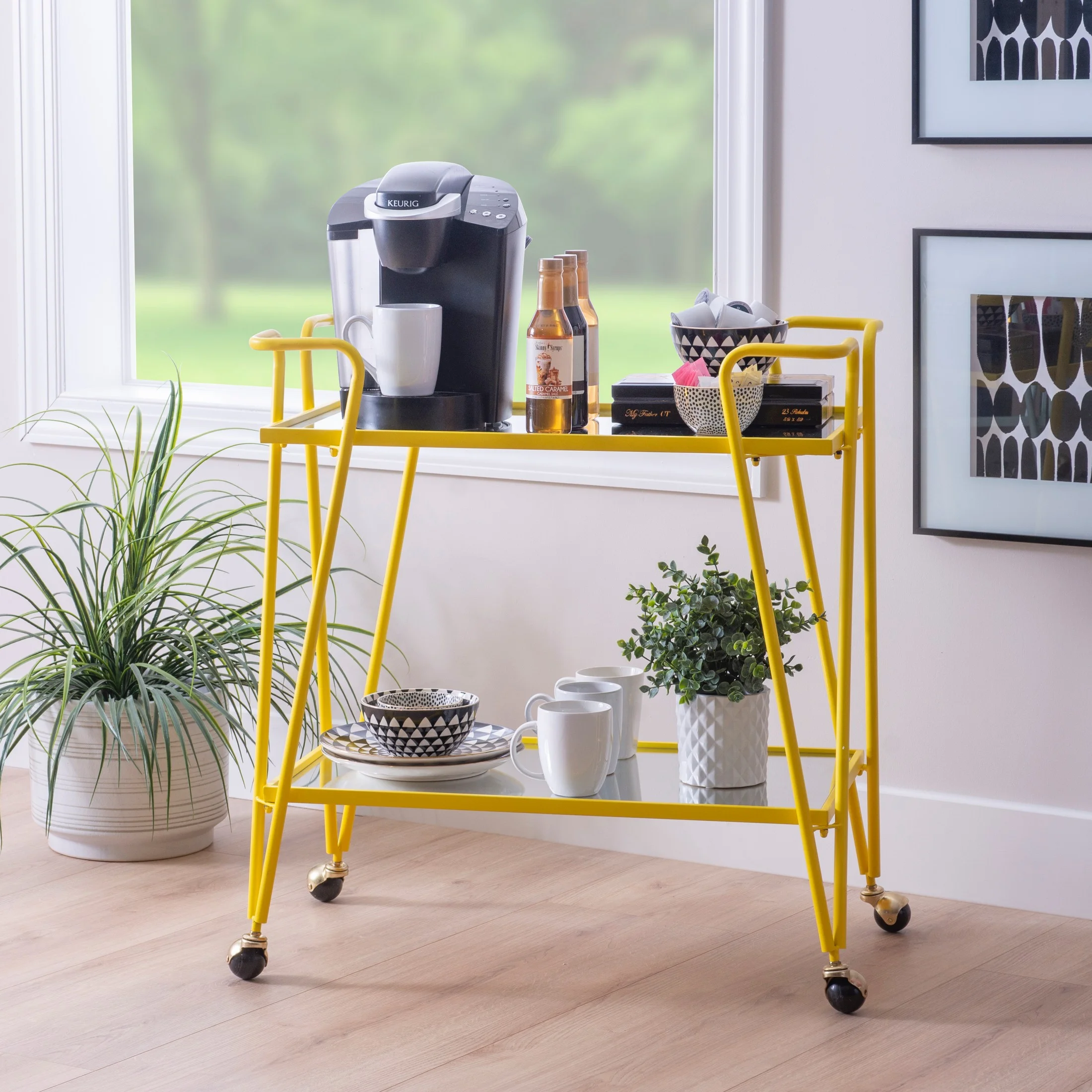 Linon Lawsonia 2-Tier Mid-Century Mobile Bar Cart with Mirrored Top, 32.5