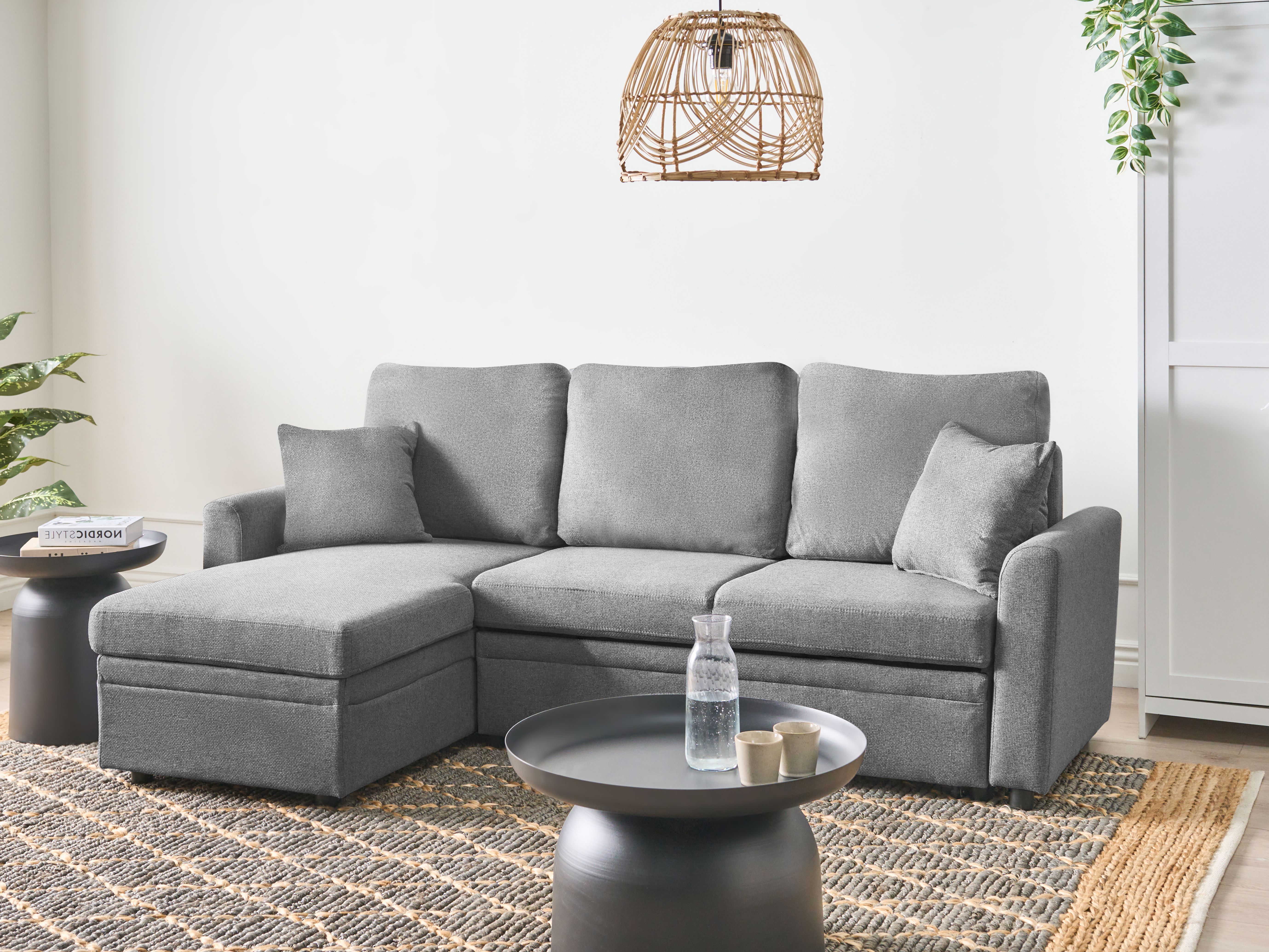 Corner Sofa Bed 3 Seater NASSJO Faux Linen Grey Right Hand