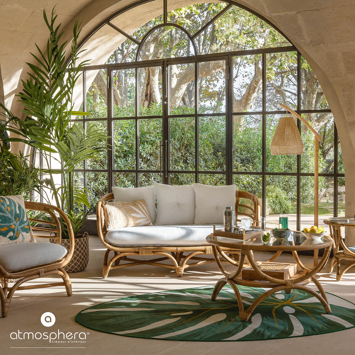 Ensemble canap&eacute; et 2 fauteuils "Farah" Rotin, Tissu blanc