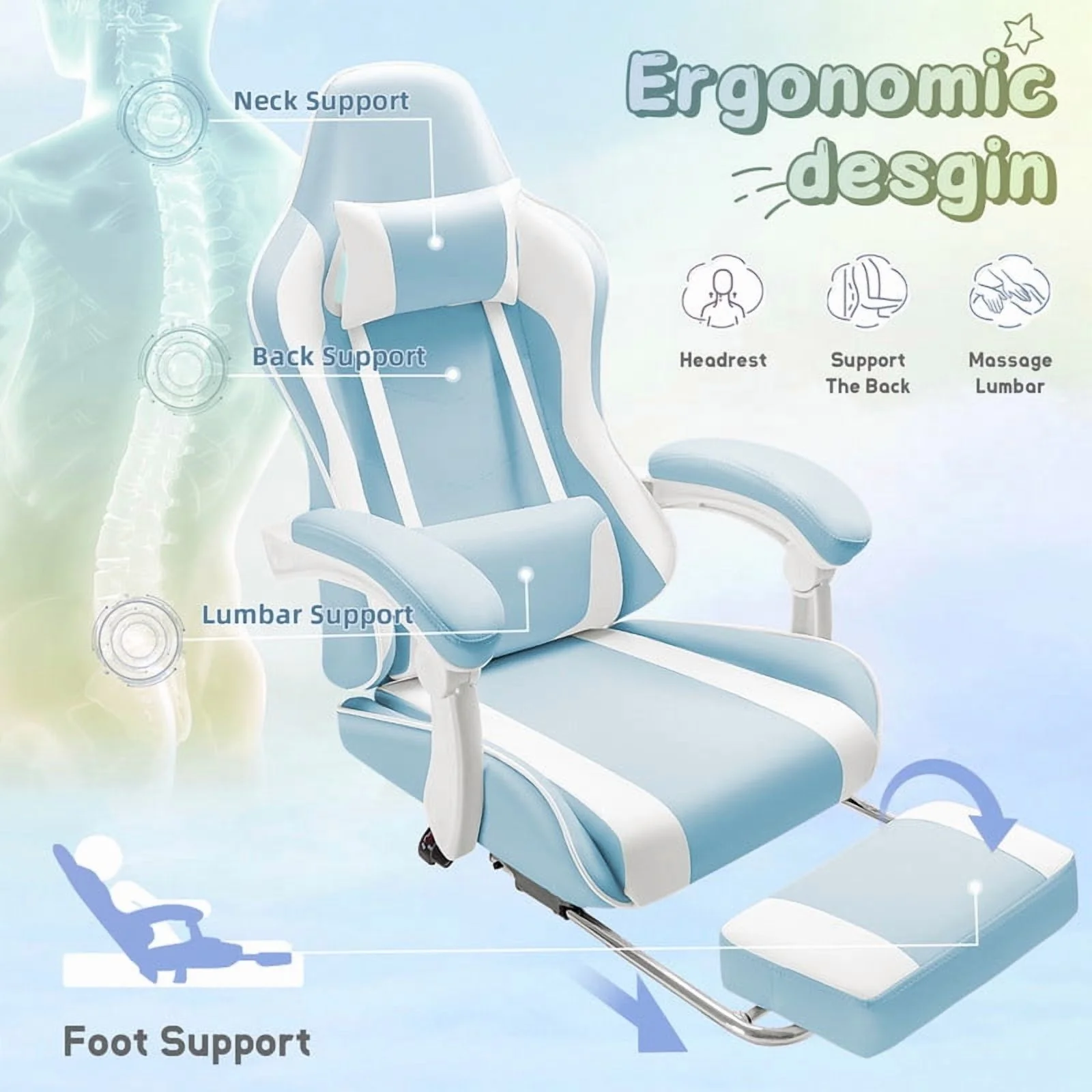 Lacoo PU Leather Gaming Chair Massage Ergonomic Gamer Chair Height Adjustable Computer Chair with Footrest & Lumbar Support, White - Image 23