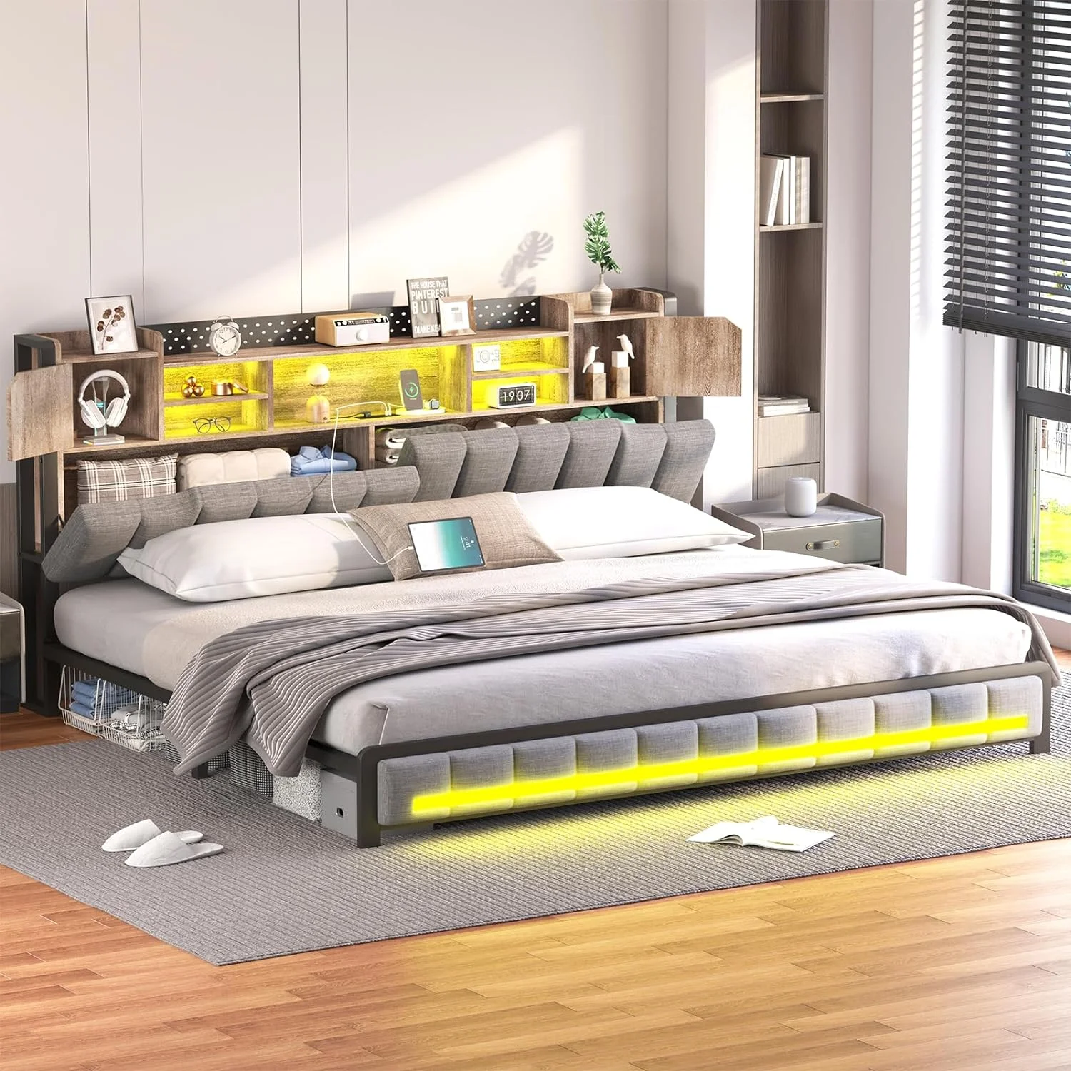 King Size Bed Frame and Bookcase Storage Headboard, LED Upholstered Bed Frame King with Charging Station, Light up King Size Platform Metal Bed Frame, No Box Spring Needed, Charcoal Gray - Image 7