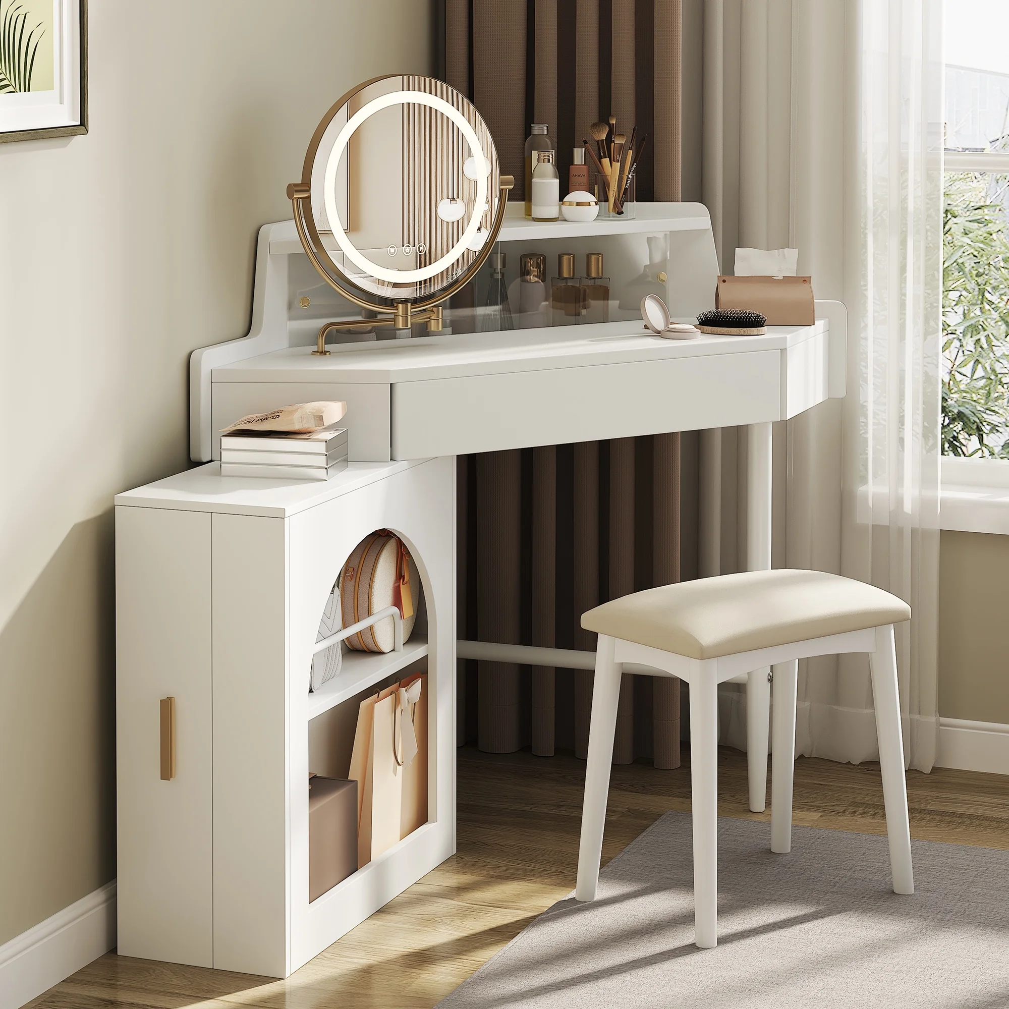 MODERNLUXE Corner Makeup Vanity Desk with Folding Mirror and Lights,Modern Vanity Set with 1 Stool,2 Drawers and 3 Shelves for Bedroom,Women, and Girls,Walnut - Image 10