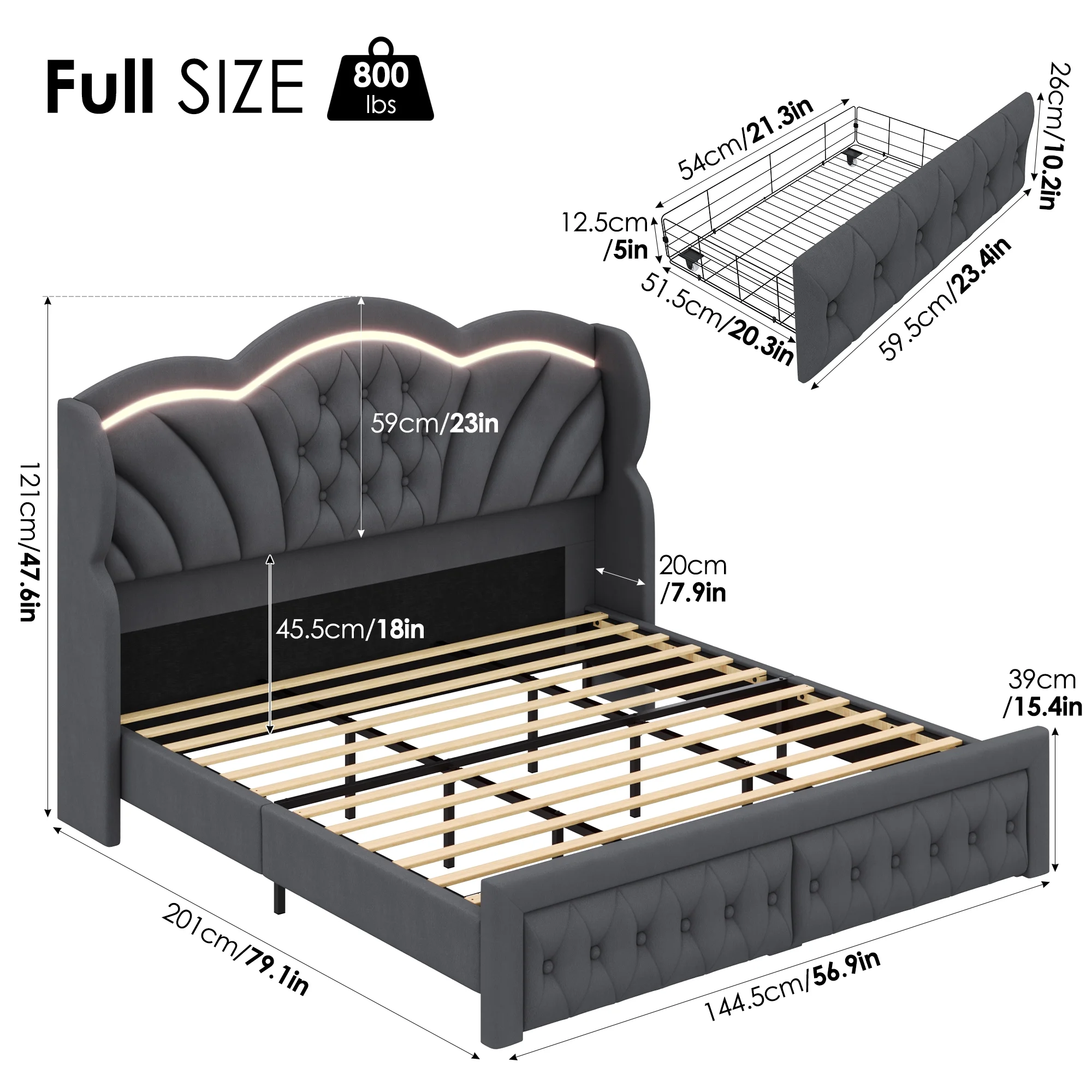 Hiphuta Modern Queen Bed Frame with 2 Drawers, LED Lights Platform Bed Frame, Sturdy Beds Frame with Upholstered Button Tufted Headboard, Velvet White - Image 16