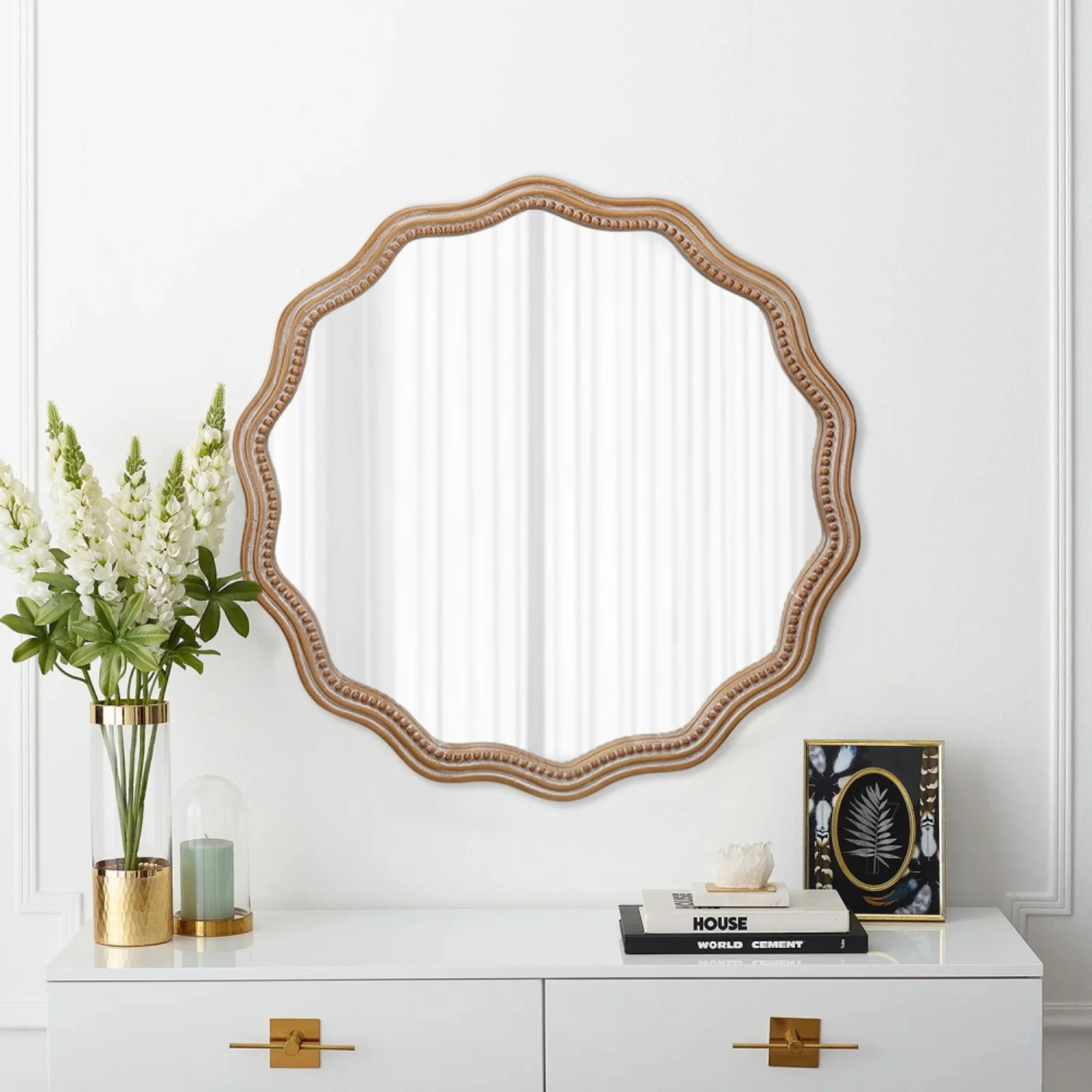 Honeey 24 Inch Circular Wave Wall Mirror, Large Decorative Wooden Frame Hanging Circular Mirror, Modern Farmhouse Decoration, Suitable for Bathroom, Living Room, Daycare Decoration