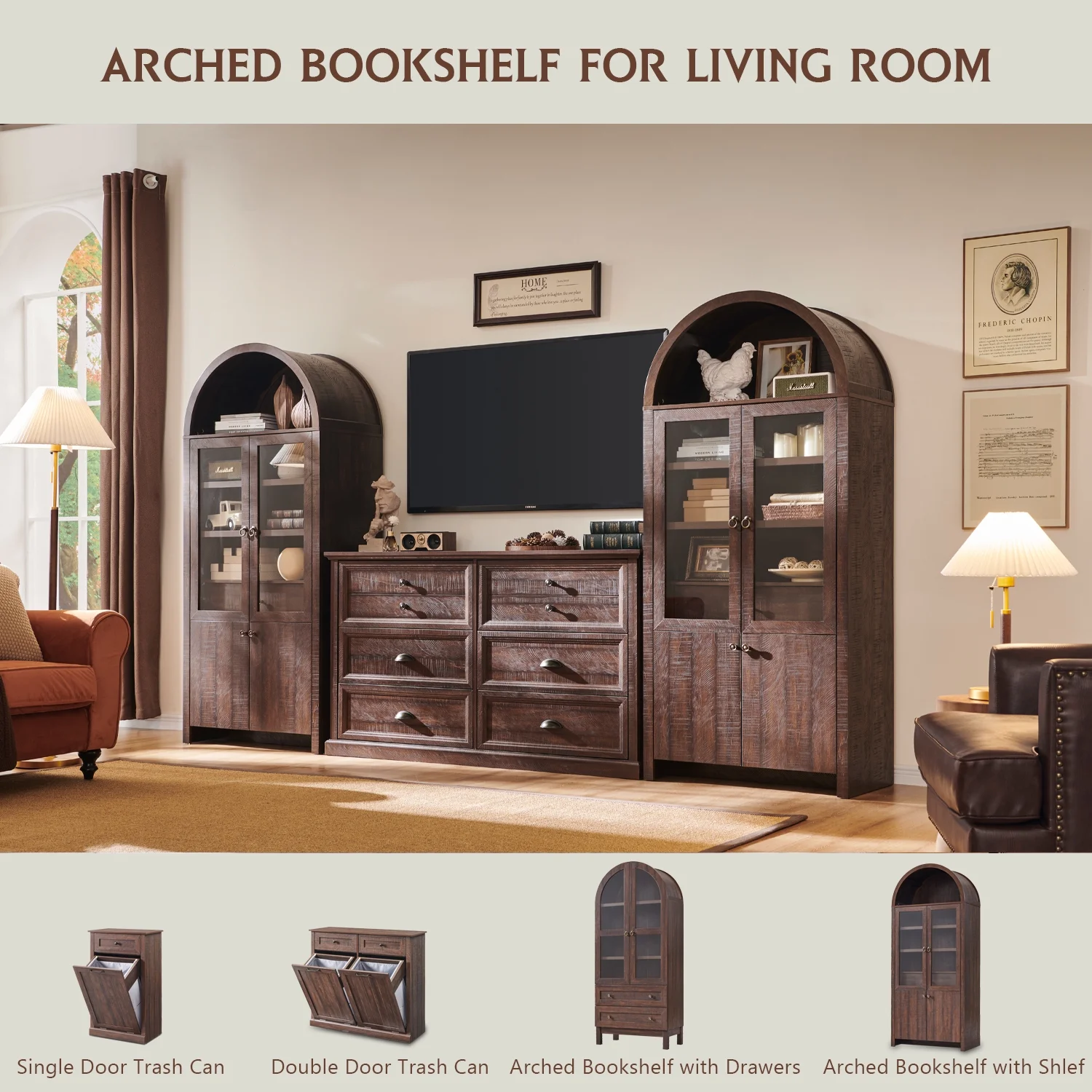IFGET 71-Inch Arched 4-Tier Bookcase with Glass Doors and Drawers - Image 47