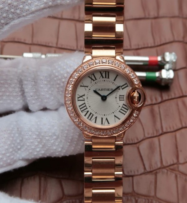 Replica Cartier Ballon Bleu 28mm RG Diamonds Bezel White Dial Bracelet Ronda Quartz - Top club