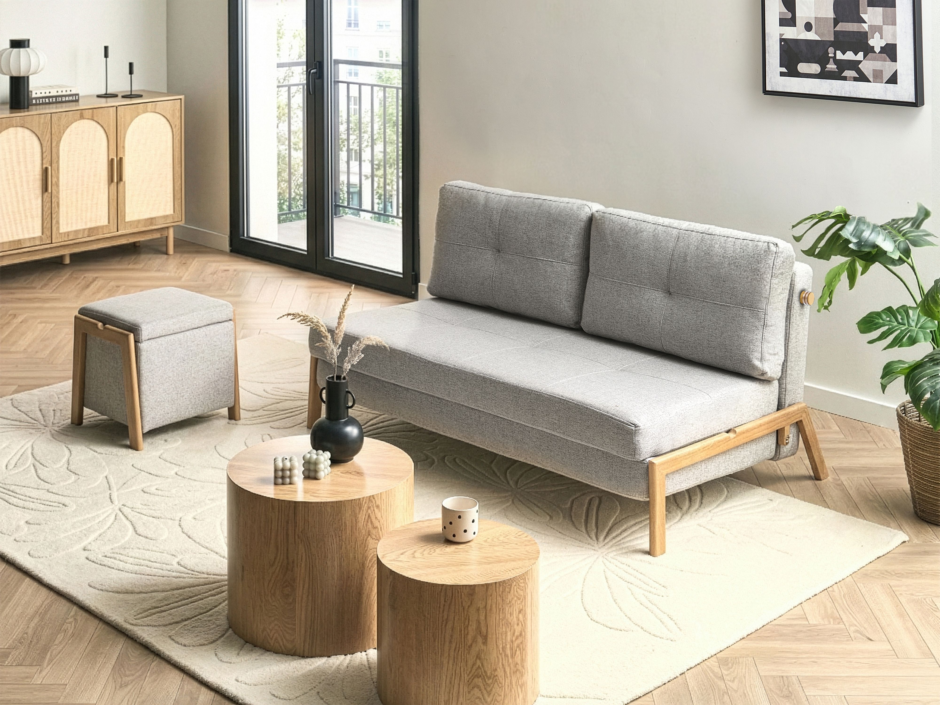 Living Room Set 3 Seater EDLAND Fabric Light Grey with Pouffe