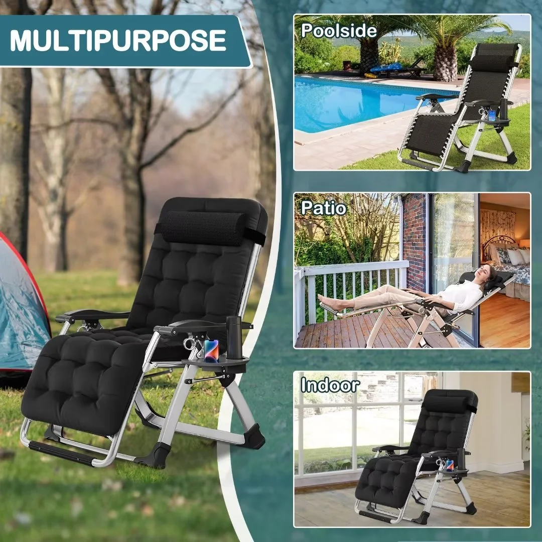 NAIZEA 2 Pack Zero Gravity Chair, Foldable Portable Lawn Recliner with Cushion, Headrest, Cup Holder, Black - Image 28