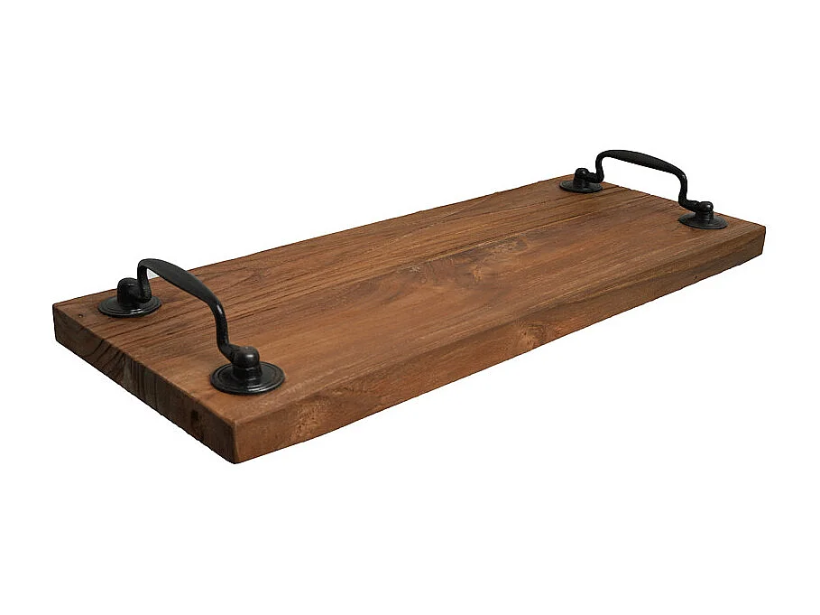 Plateau apéro 38 cm en bois de teck recyclé et poignées métal – BROOKE