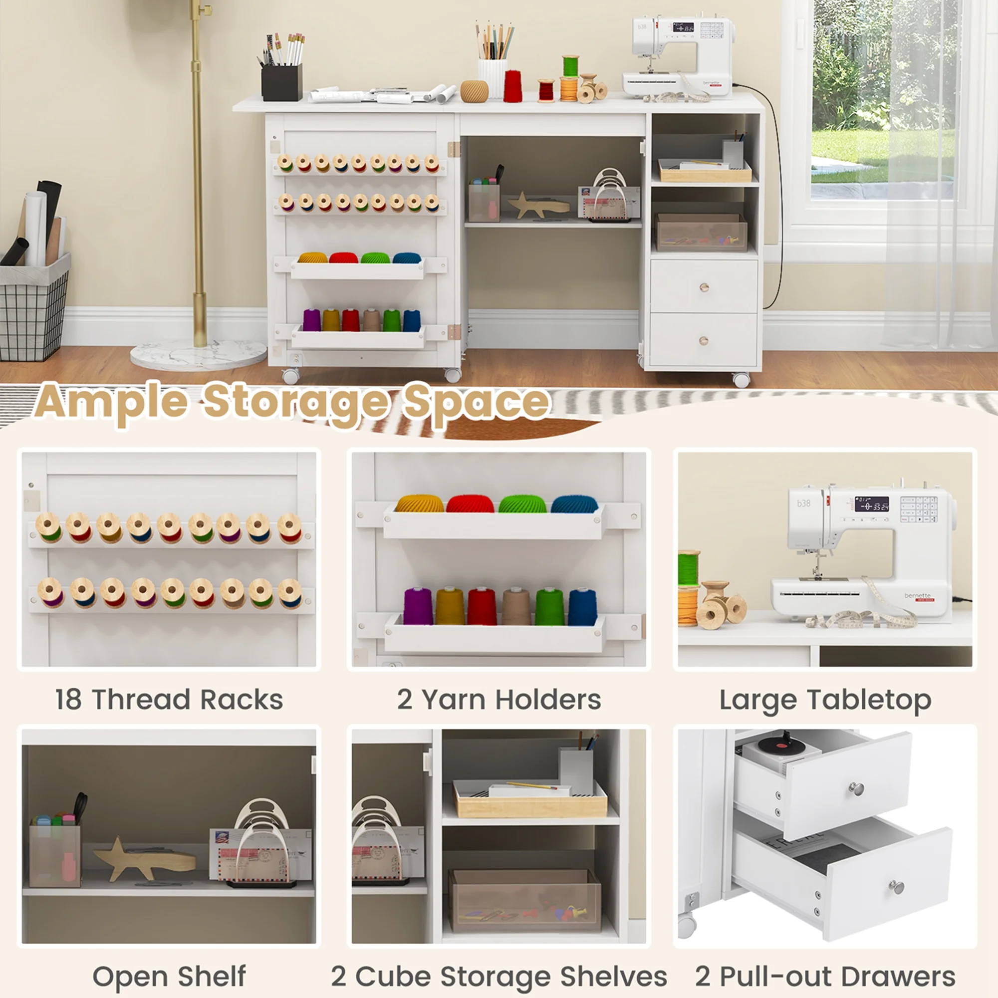Costway Folding Sewing Table Charging Station Multifunctional Sewing Machine Cart Table - Image 7