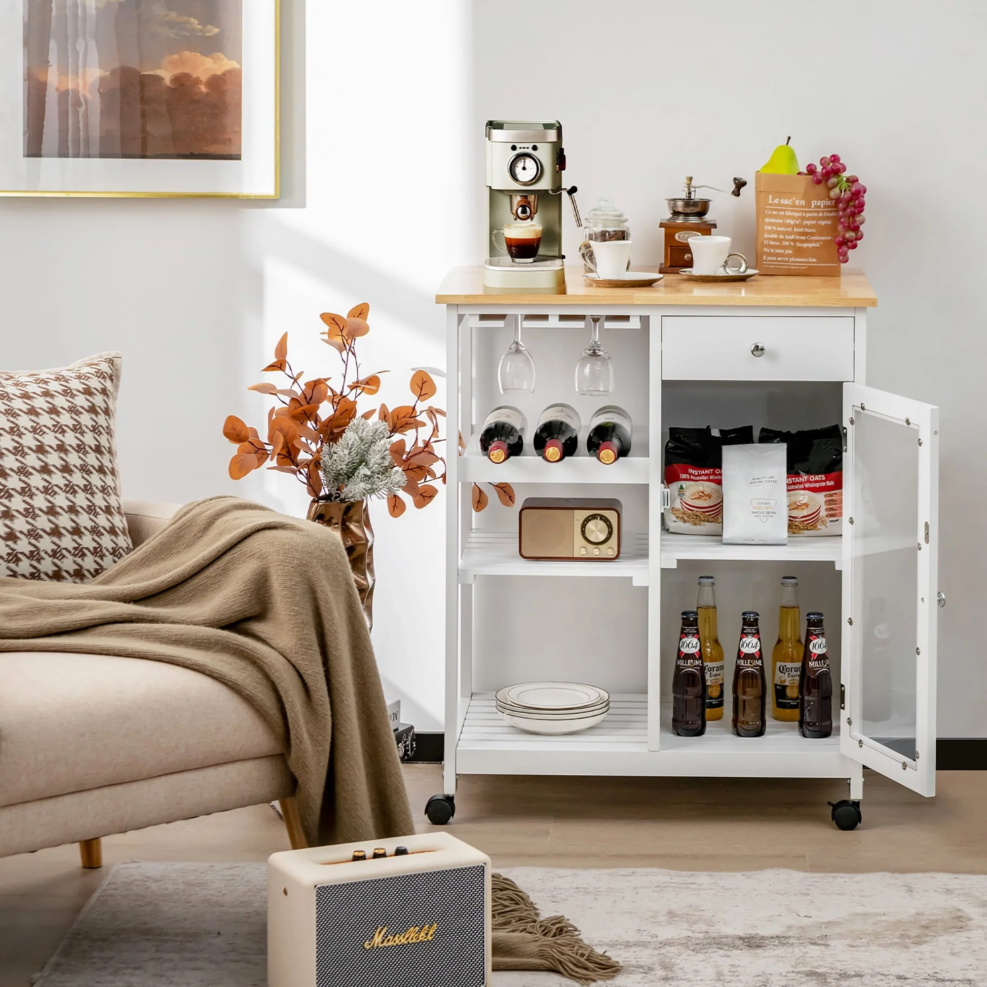 Costway Rolling Kitchen Island Wood Top Trolley Cart Storage Cabinet w/Shelf & Wine Rack - Image 5