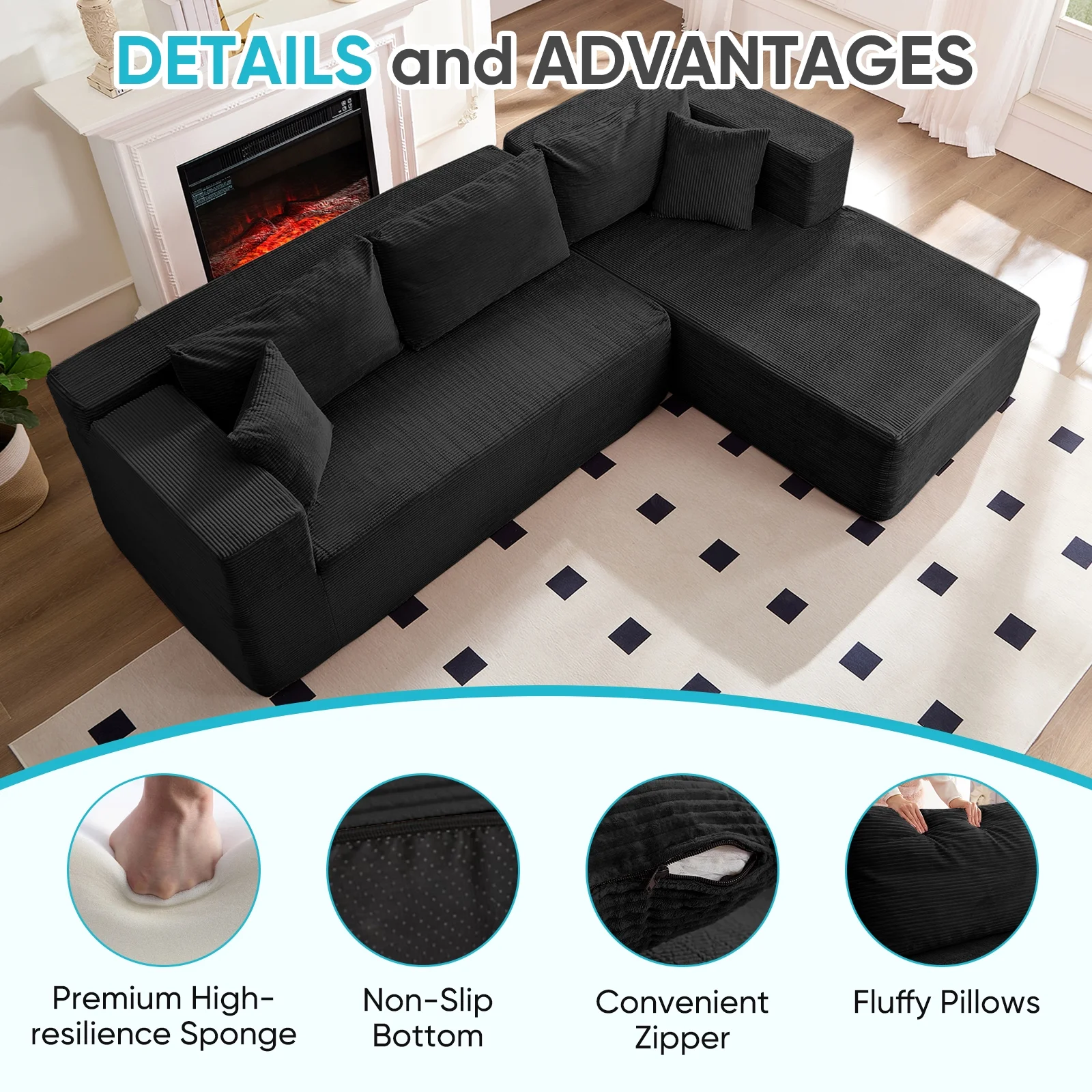 ZAFLY 106" Cloud Sectional Couch with Chaise, No Assembly Required L Shaped Sleeper Sofa, Oversized Deep Seat Modular Couches and Sofas for Living Room - Right, Black - Image 3