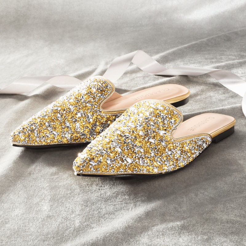 Rhinestone Satin Mule – Low Heel Slip-On Dress Shoe with Sparkling Crystals - MIDNIGHT VELVET CATALOG