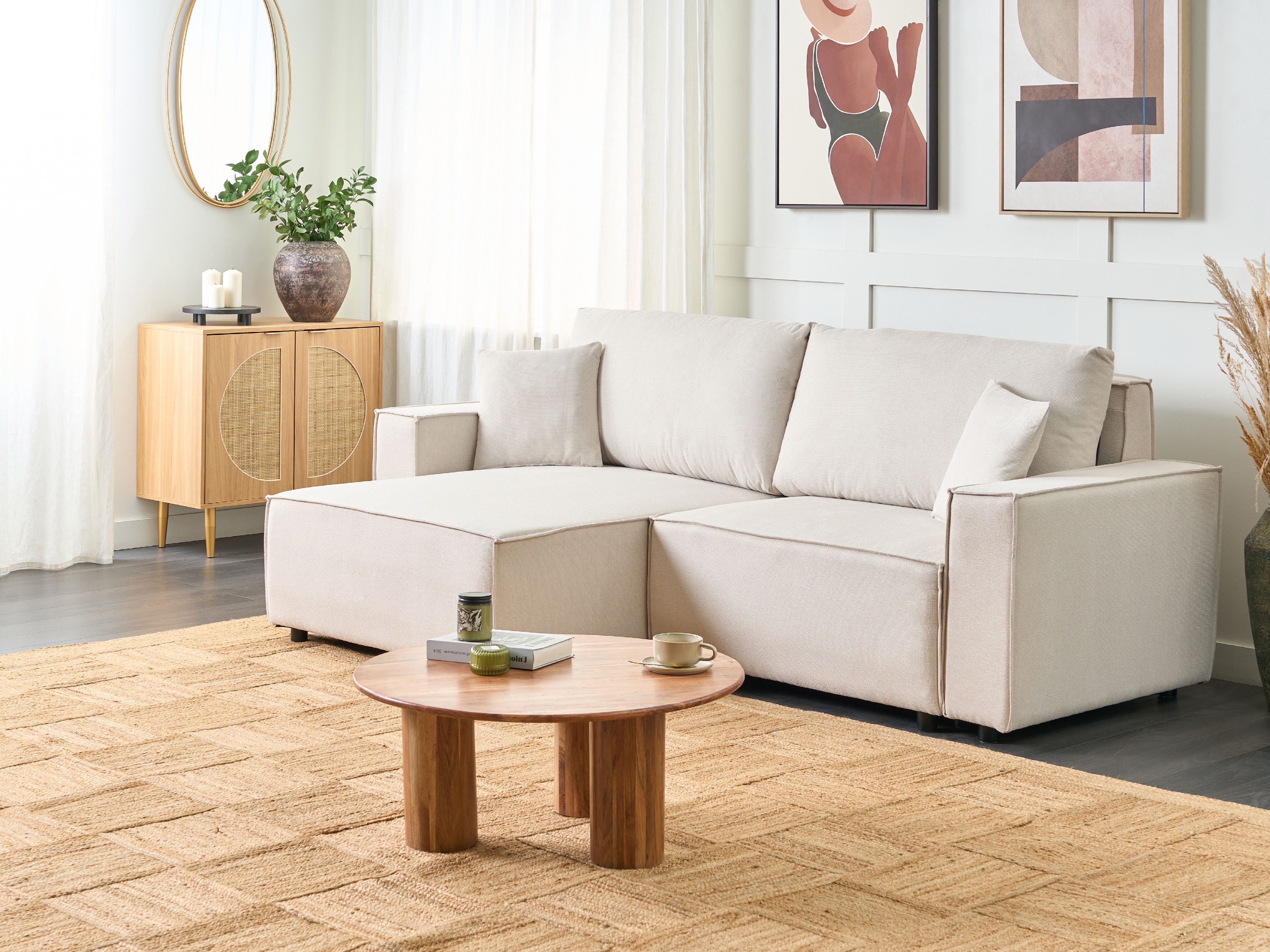 Sofa Bed 3 Seater KARILA Fabric Light Beige with Storage Right Hand