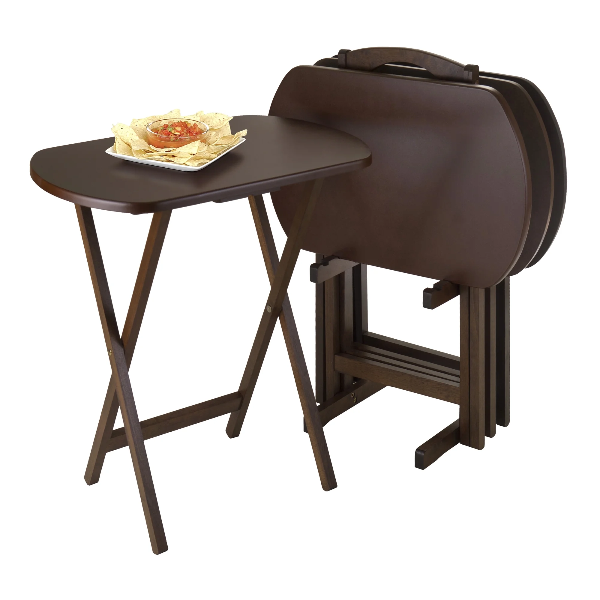 Contemporary Home Living Set of 5 Corbett Walnut Oversize Oblong Folding Snack Table with Storage