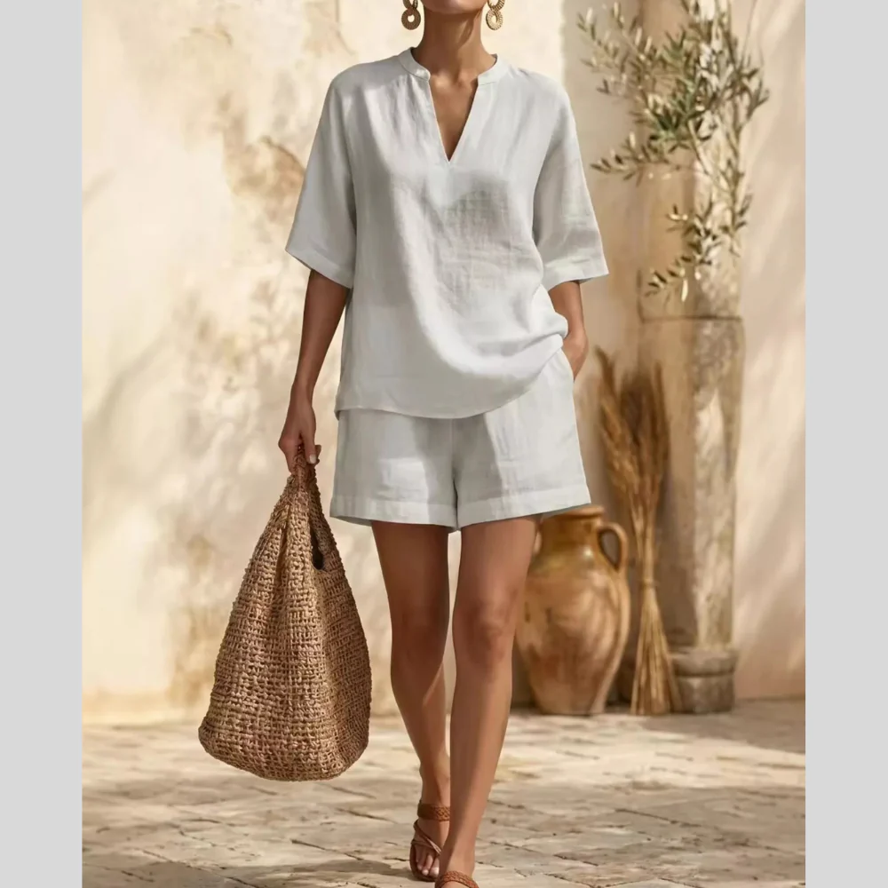 Full Size Notched Half Sleeve Top and Shorts Set Plus Size - ZKZOOK