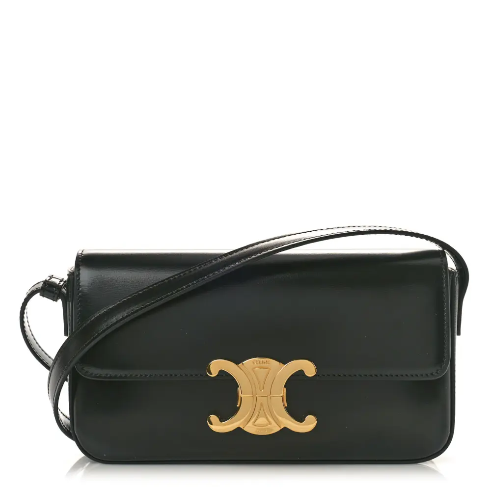 Replica Celine Black Calfskin Triomphe Shoulder Bag with Gold Hardware