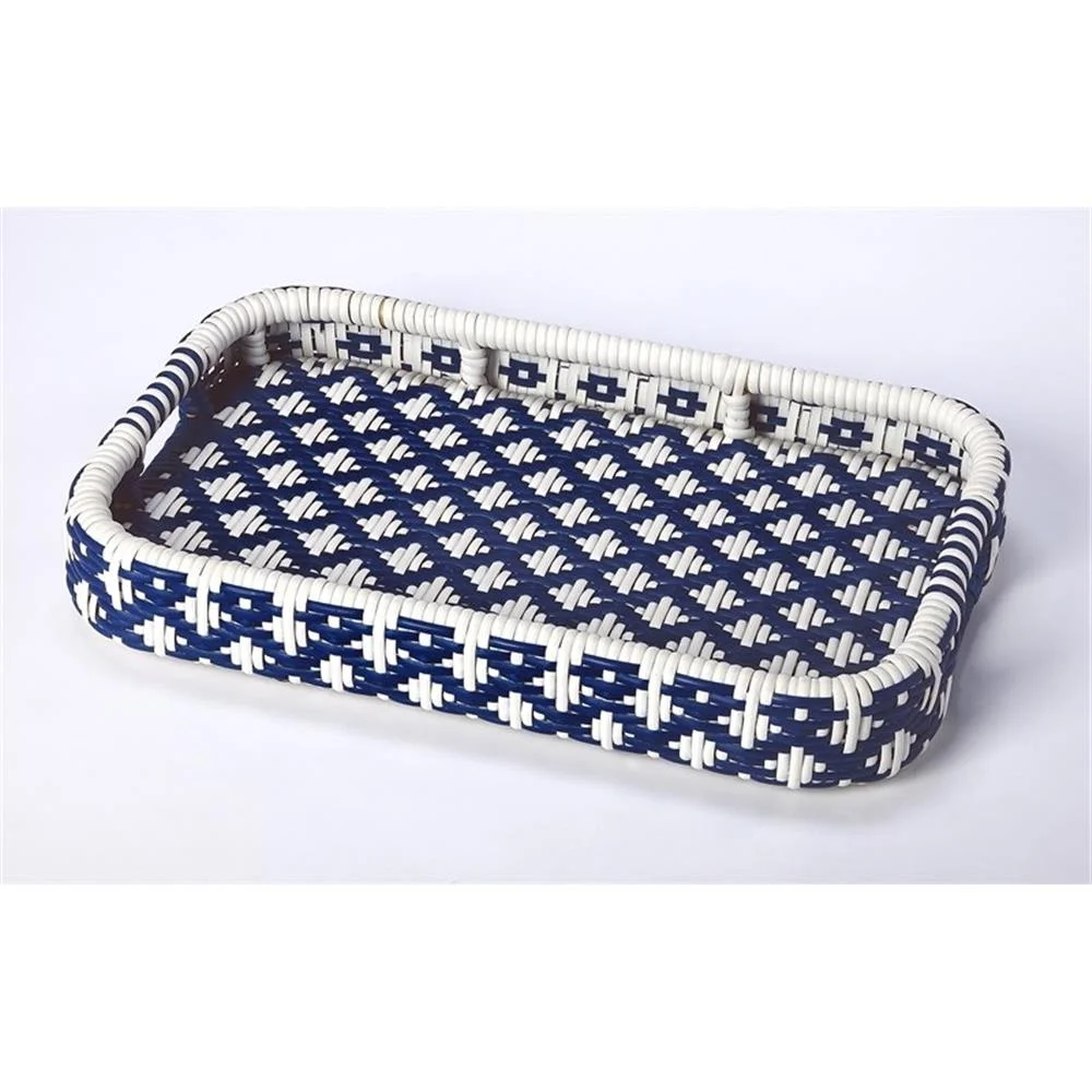 Beaumont Lane Island Living Rattan Bar Cart in Blue and White