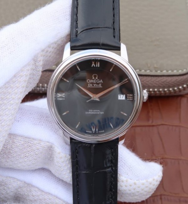 Replica Omega MKF De Ville 37mm SS Black Dial Black Leather Strap A2829 - Top club