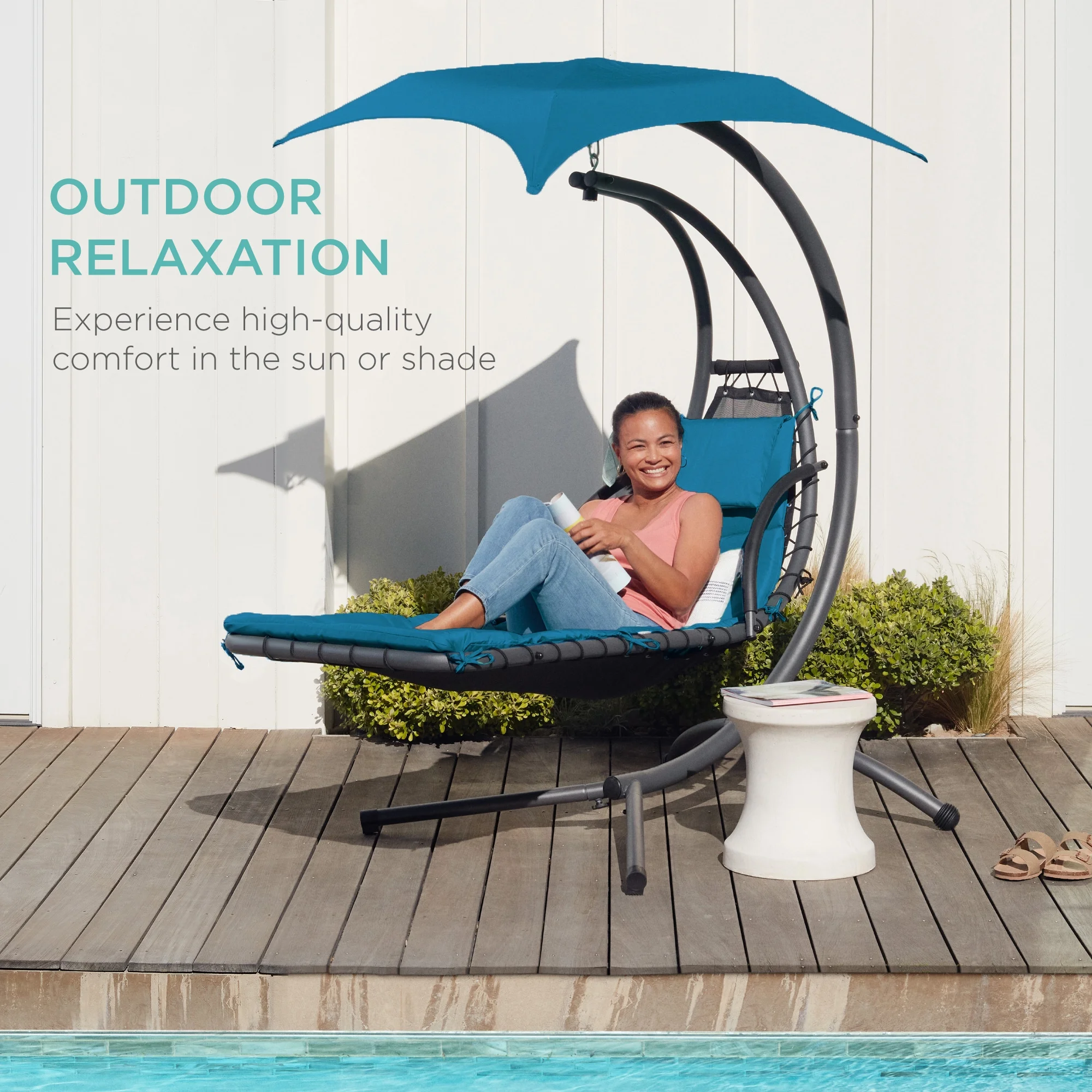 Best Choice Products Hanging Curved Chaise Lounge Chair Swing for Backyard, Patio w/ Pillow, Shade, Stand - Teal - Image 46