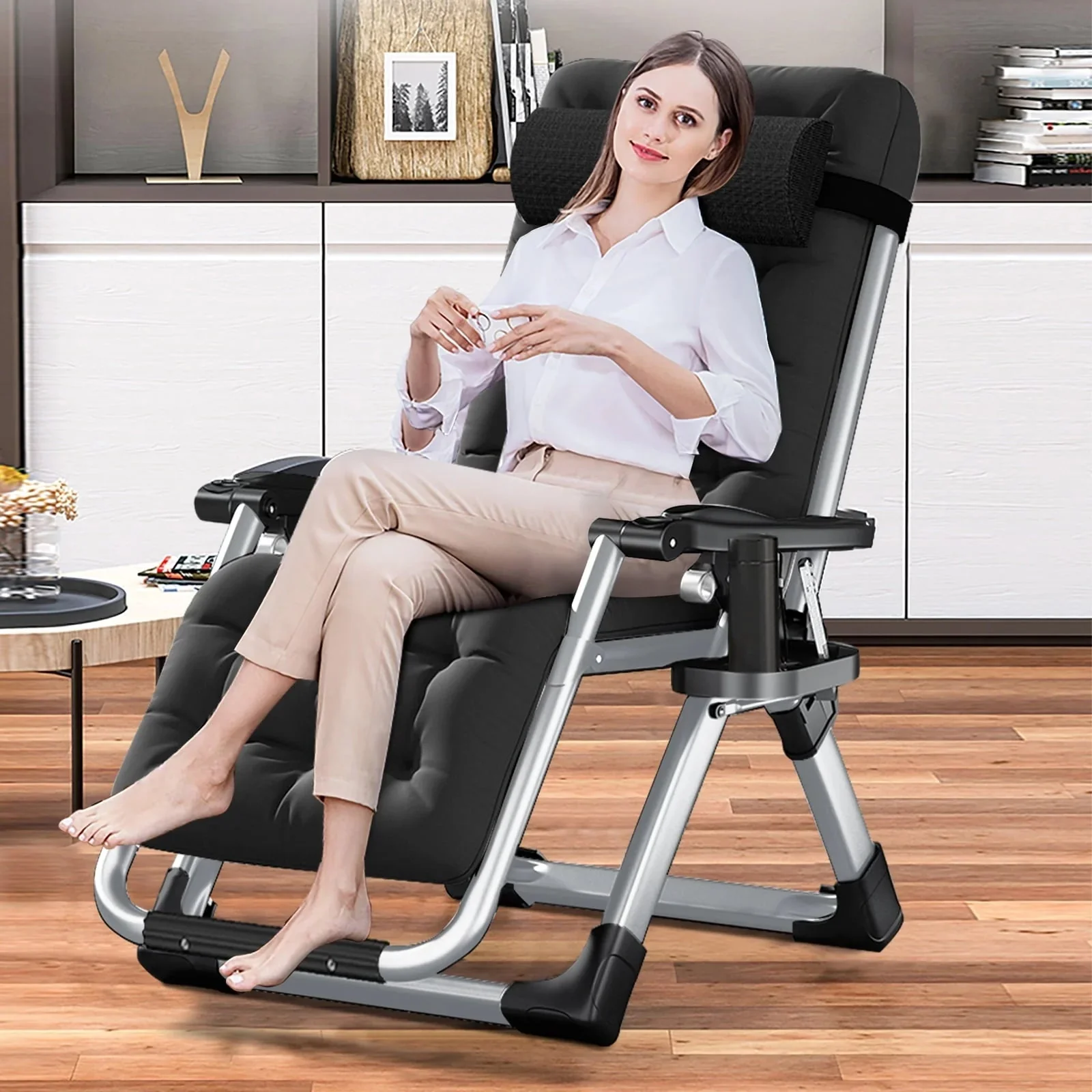 Docred Zero Gravity Folding Recliner Chair With Pad, Headrest And Cup Holder - Image 7 Docred Zero Gravity Folding Recliner Chair With Pad, Headrest And Cup Holder - Image 7