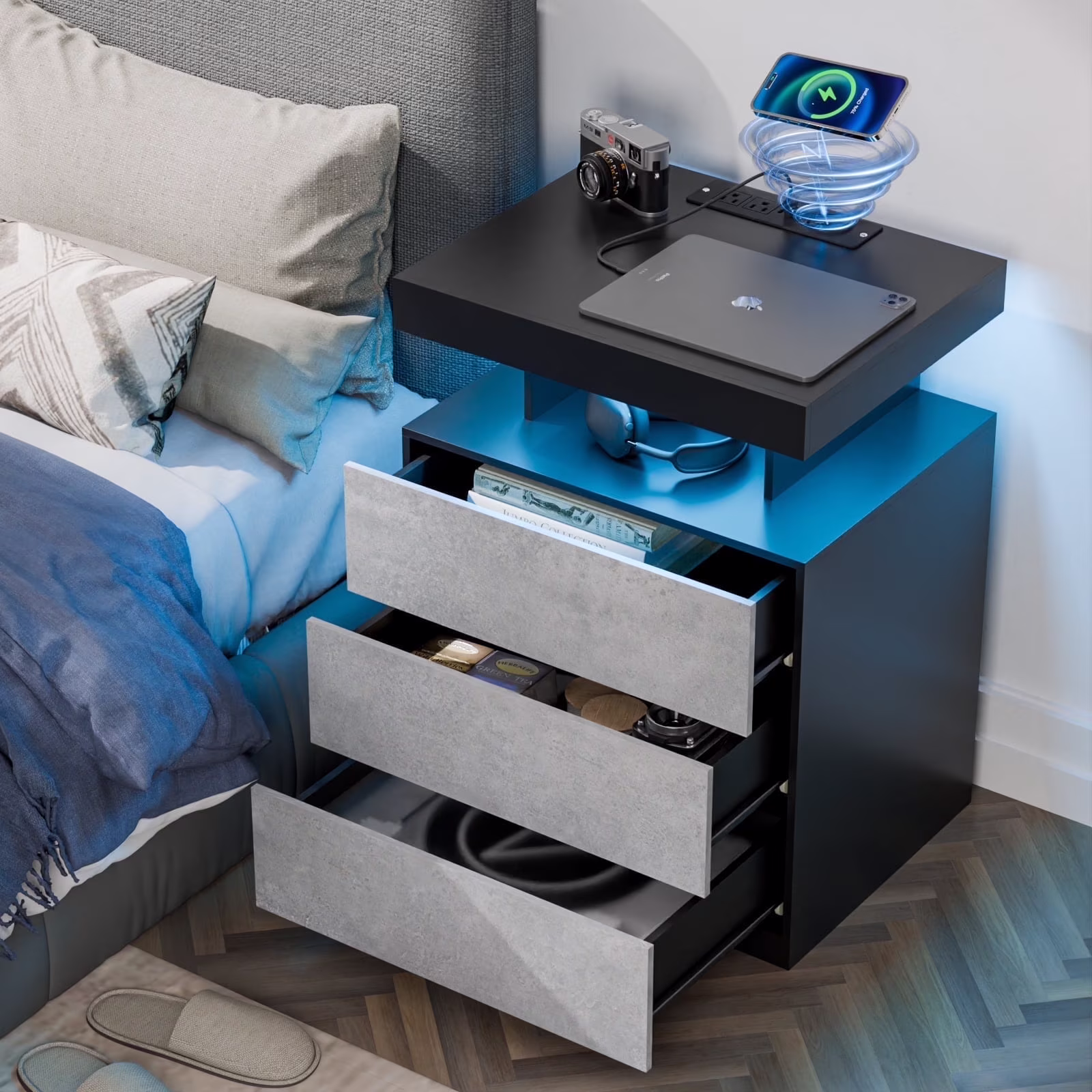 Hommpa LED Nightstand Wireless Charging Station USB Type C Outlets Bedside Table 3 Drawers Black Night Table Modern Smart Nightstand High Gloss End Side Table for Bedroom Furniture 26.8" Tall - Image 5