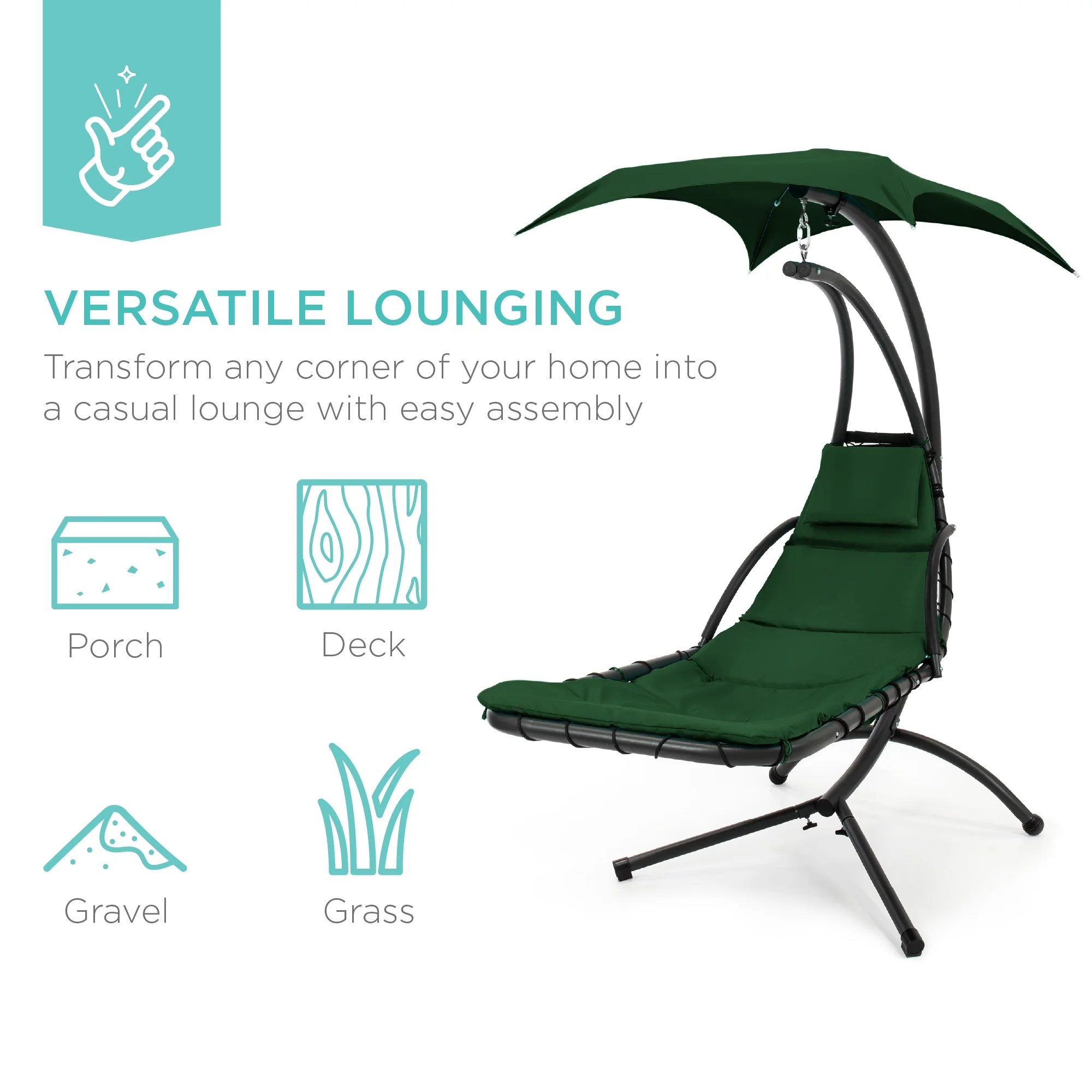 Best Choice Products Hanging Curved Chaise Lounge Chair Swing for Backyard, Patio w/ Pillow, Shade, Stand - Teal - Image 116