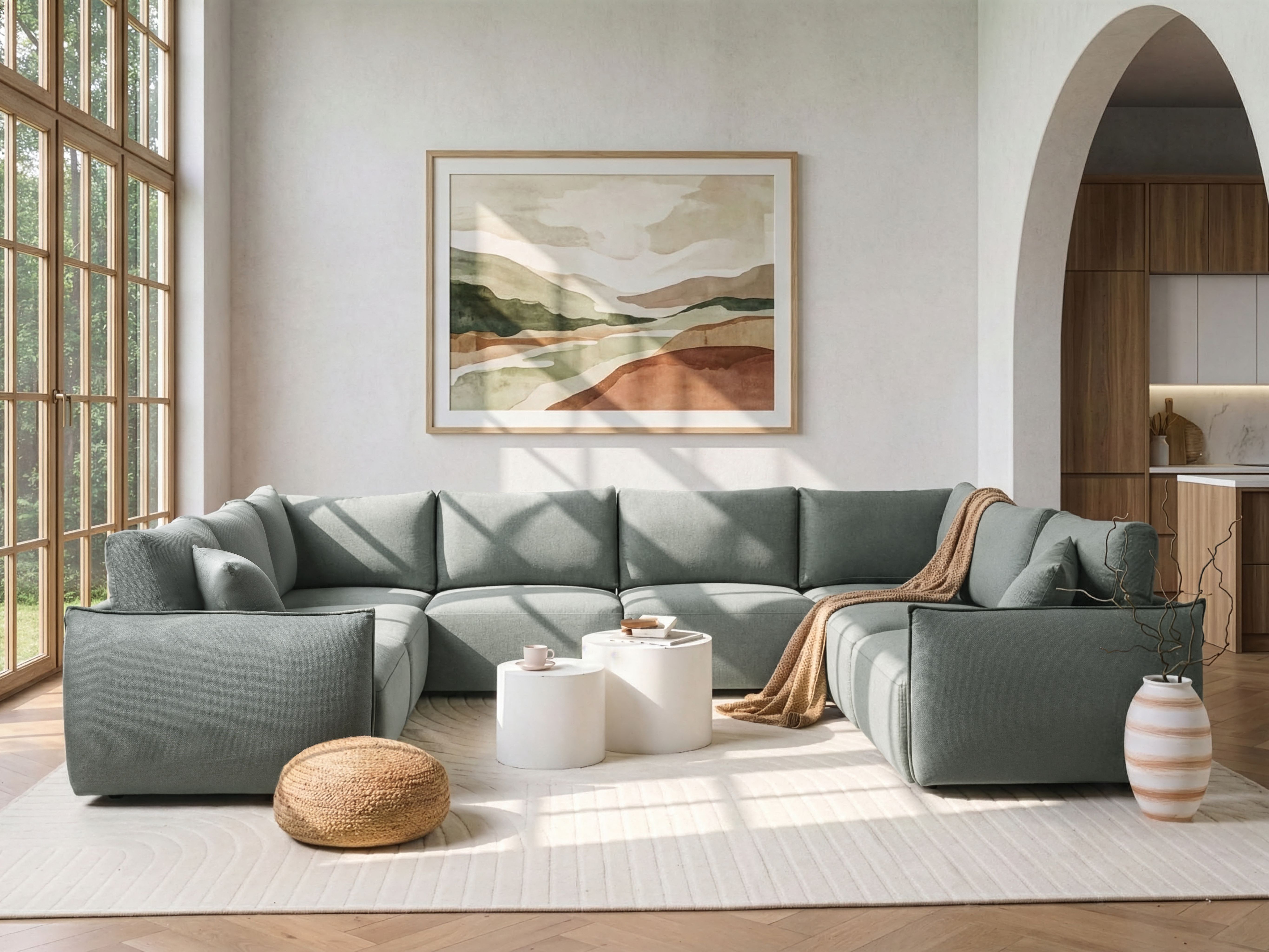 Modular U-Shape Sofa 8 Seater MESNALI Fabric Green