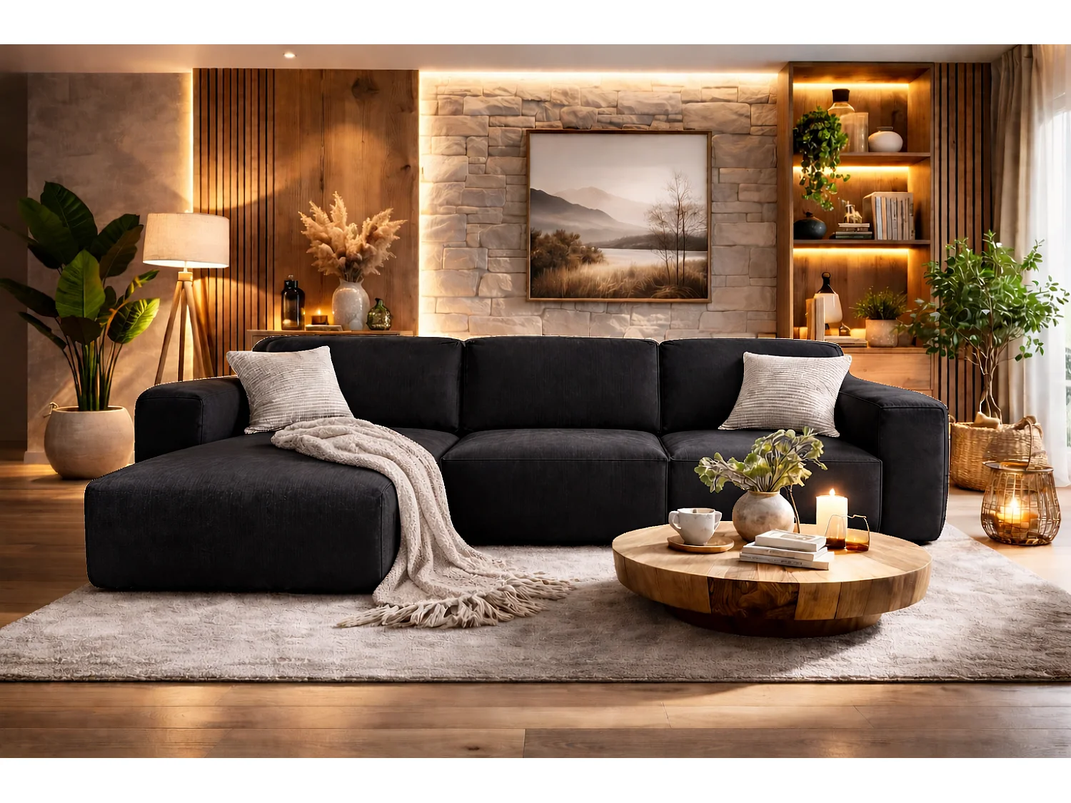 Canapé d’angle LUXOR L gauche convertible avec coffre – canapé salon moderne, lit d’appoint, tissu noir, canapé familial confortable