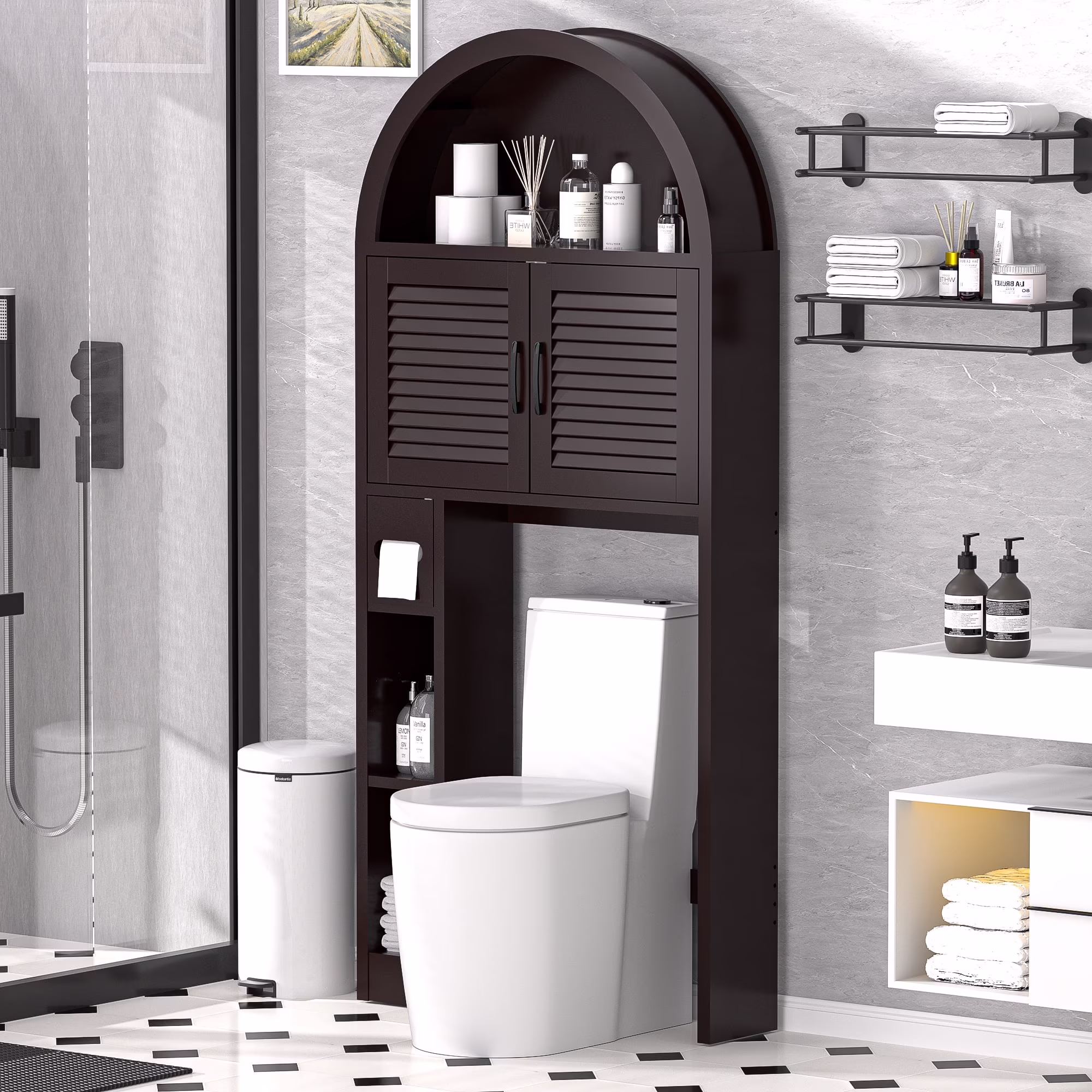 HARIPUL Over The Toilet Storage Cabinet w/ Unique Wood Grain & Arc Design, Freestanding Bathroom Shelf Organizer Space Saver w/ Doors & Anti-Tip Device, Wood Color - Image 14