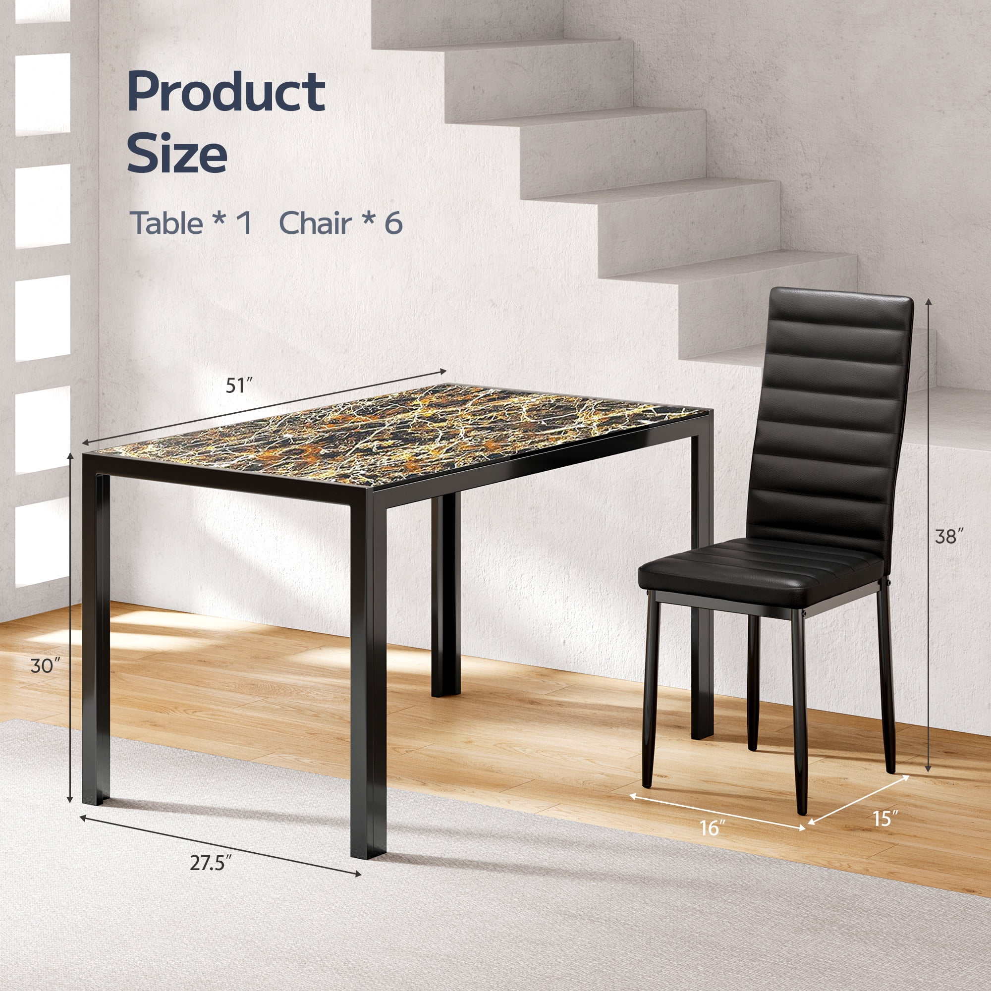Asofer Modern 7 Piece Dining Table Sets for 6, Glass Kitchen Table, PU Leather Chair, Dining Room, Black - Image 26