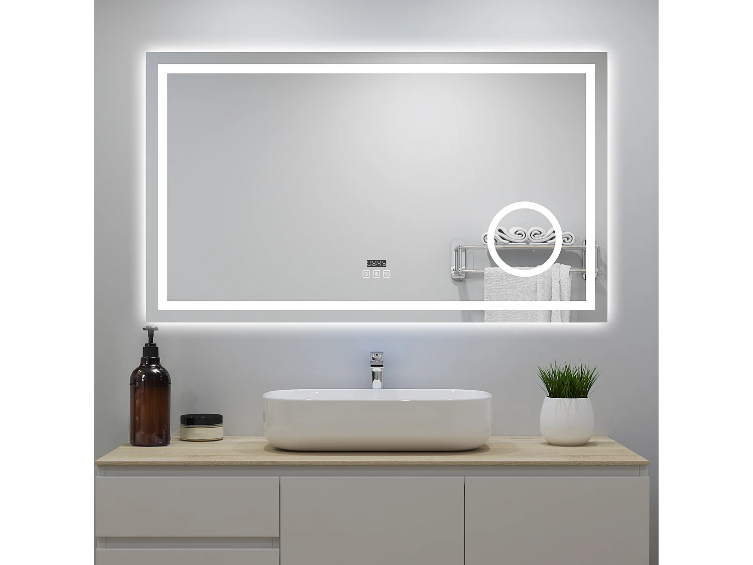 Miroir Lumineux avec Bluetooth 120 x 70cm, Horloge + 3 Couleurs + Dimmable + Anti-buée + grossissant 3x，Mural Miroir Salle de Bain