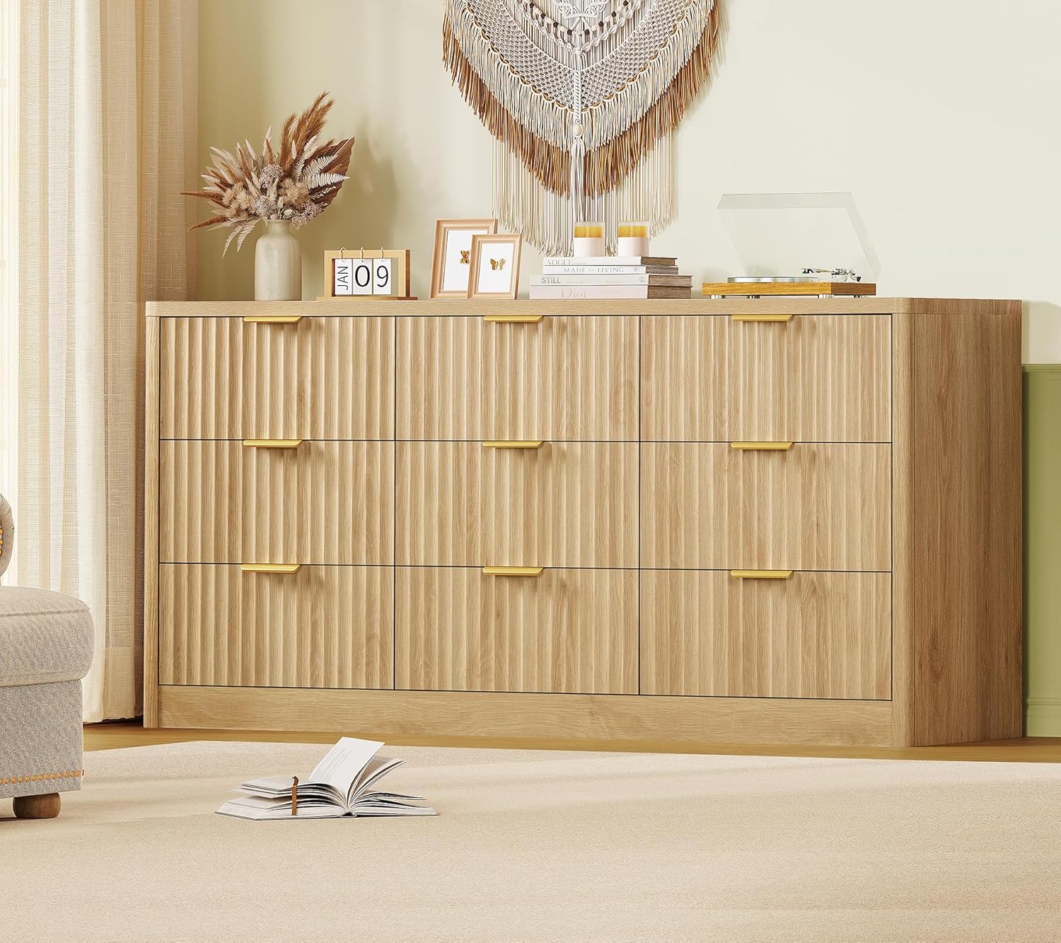TEENFON Fluted Dresser for Bedroom with 9 Drawers, 63