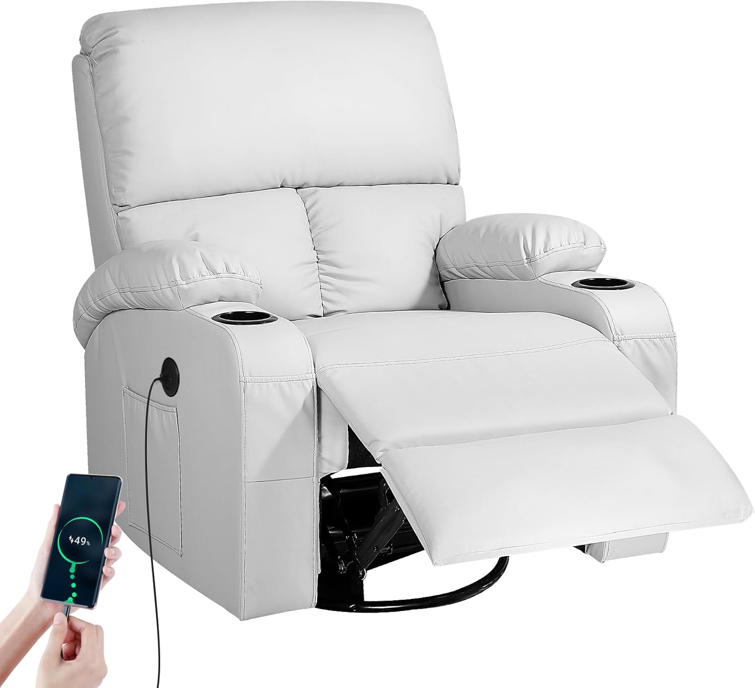 LEVELEVE Rocking Recliner Chair, Massage Rocker Recliner Chair with Vibration Massage and Heat, USB and Type-C Ports,360° Swivel Faux Leather Chairs, Living Room, Bedroom, Nursery, RV, Light Grey
