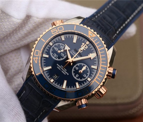 Replica Omega OMF Planet Ocean Master Chronometer SS/RG Blue Bezel Blue Dial Leather Strap A9901 - Elite Watch Atelier