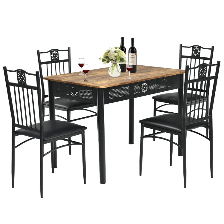 Barara King Dining Set,Dining Table Set, Dining Room Table,5 Pcs Dining Set Wood Metal Table and 4 Chairs with Cushions-Black