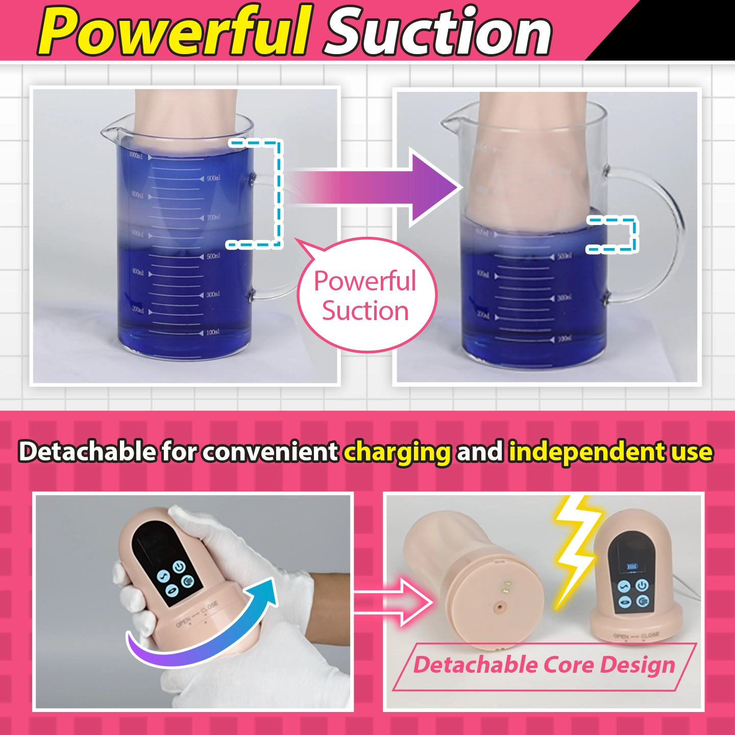 Powerful electric vacuum suction and vibration modes of theDr.YUU Automated Suction & Vibration Masturbator Gen 2.