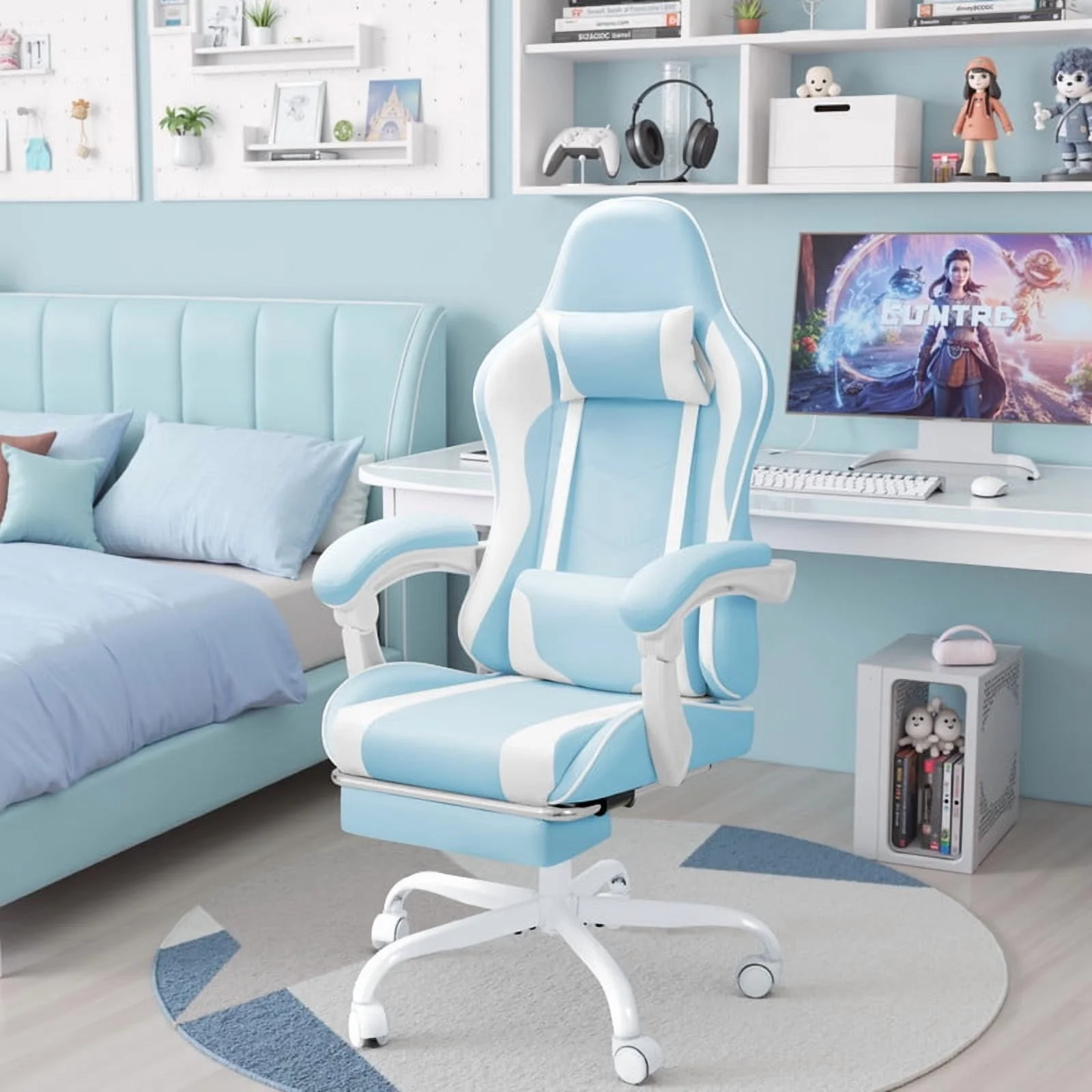 Lacoo PU Leather Gaming Chair Massage Ergonomic Gamer Chair Height Adjustable Computer Chair with Footrest & Lumbar Support, White - Image 19
