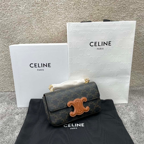 CELINE TRIOMPHE Logo Printed Cow Leather Chain Shoulder Bag Old Flower